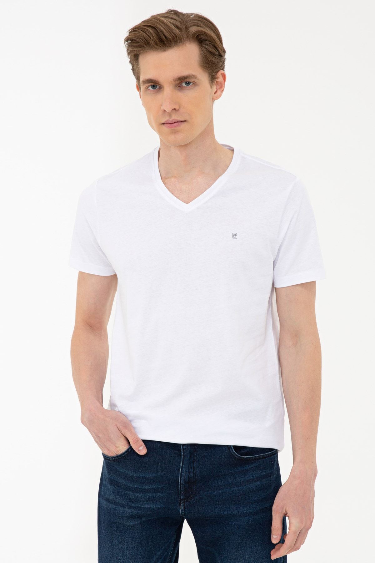 Pierre Cardin Beyaz Slim Fit Basic V Yaka T-Shirt