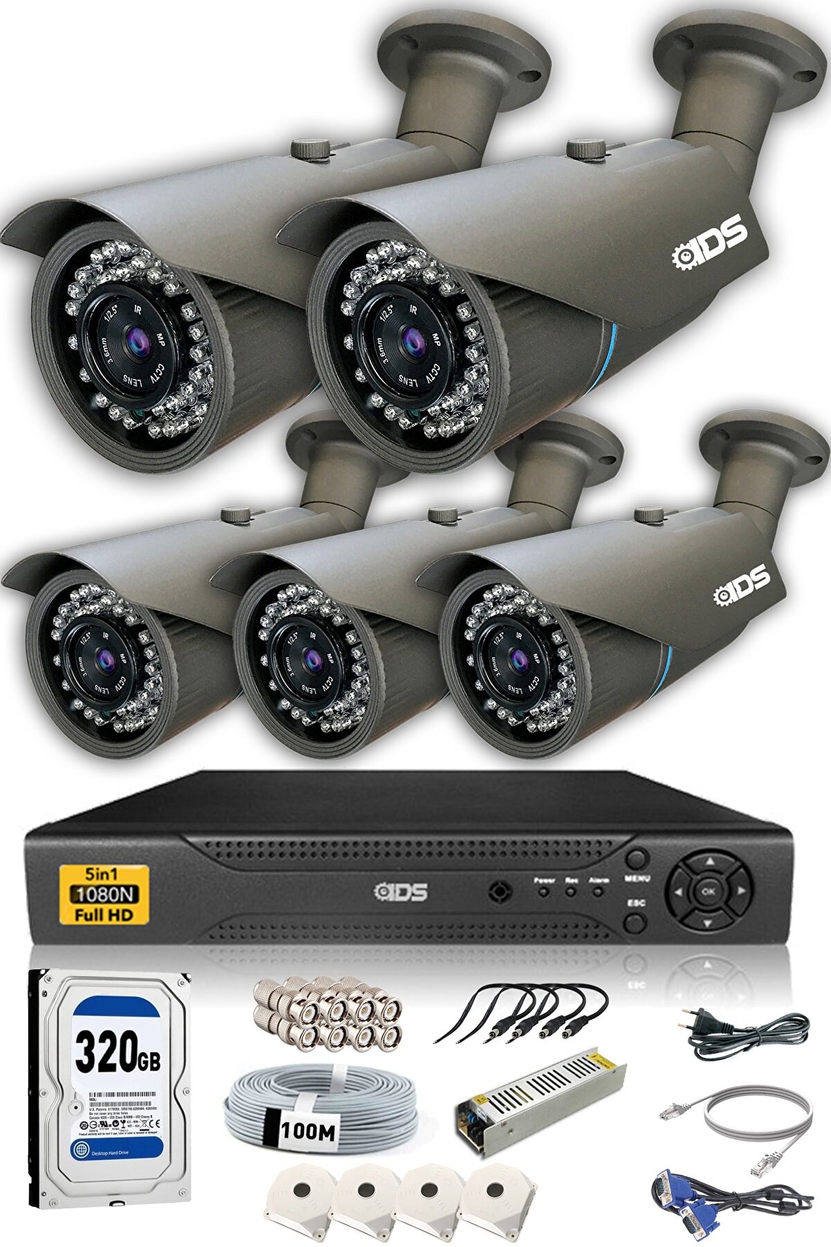 IDS 5 Kameralı 5mp Lensli 1080p Fullhd Kamera Seti  Gece Görüşlü  Su Geçirmez  Cepten Izle