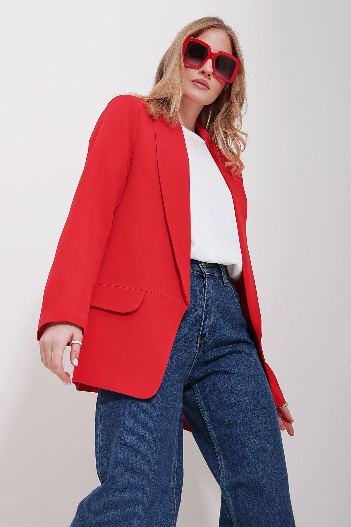 Trend Alaçatı Stili Kadın Kırmızı Şal Yaka İçi Astarlı Ceket ALC-X11607