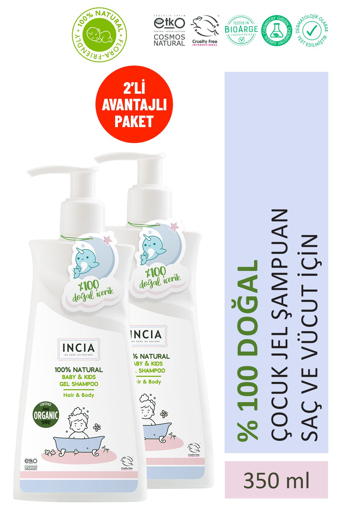 INCIA %100 Doğal Organik Bebek Ve Çocuk Jel Şampuanı Saç Vücut Lavanta Konak Önleyici 350ml X 2 Adet