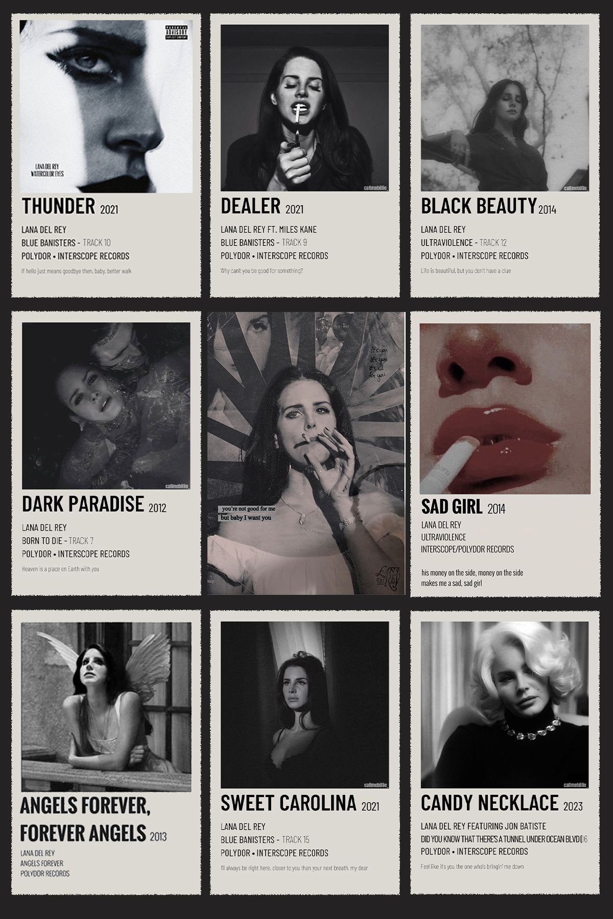 Taranist Çerçevesiz Poster Lana Del Rey Polaroid Albüm  Seti 9 Adet 10x15cm