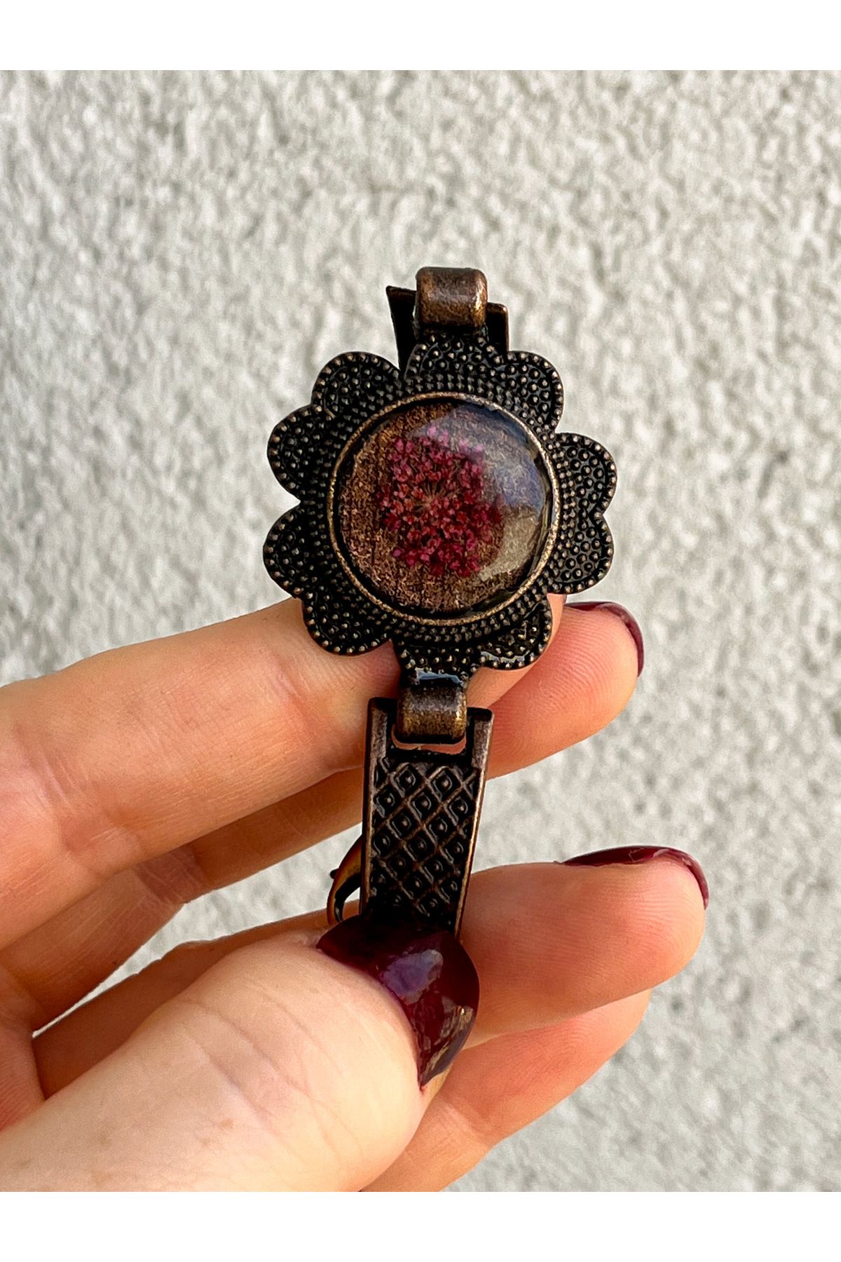 Lotus Kırmızı Çiçek El Yapımı Bakır Kaplama Vintage Saat Bileklik