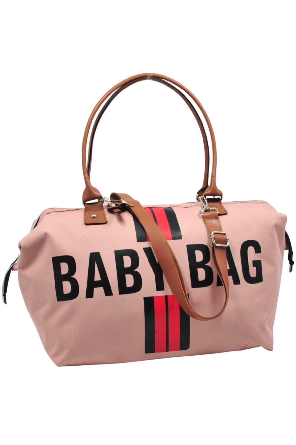 Babysi Baby Bag Tasarım Çizgili Pudra Anne Bebek Bakım Ve Kadın Çantası