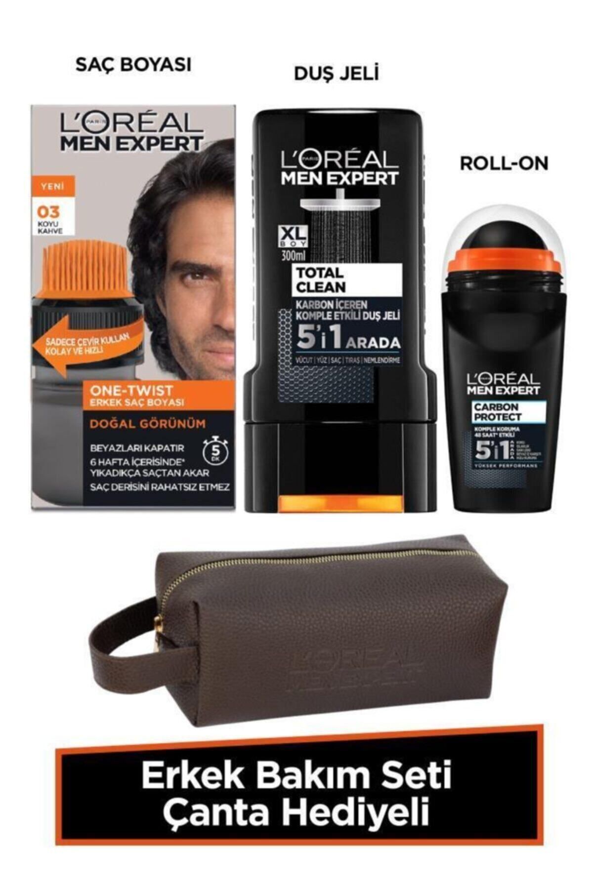 L'Oreal Paris Men Expert Erkek Bakım Seti-one Twist Saç Boyası 03 Koyu Kahve&carbon Protect Rollon&total Clean Duş Jeli&çanta