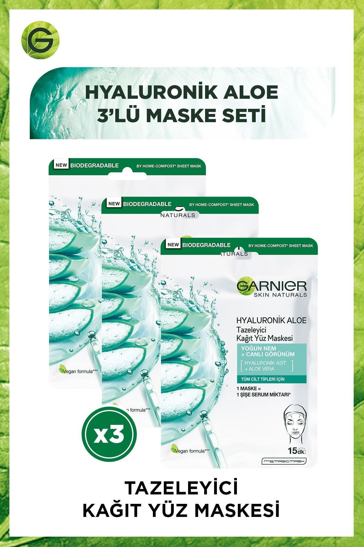 Garnier Hyaluronik Aloe Tazeleyici Kağıt Yüz Maskesi 3'lü Set