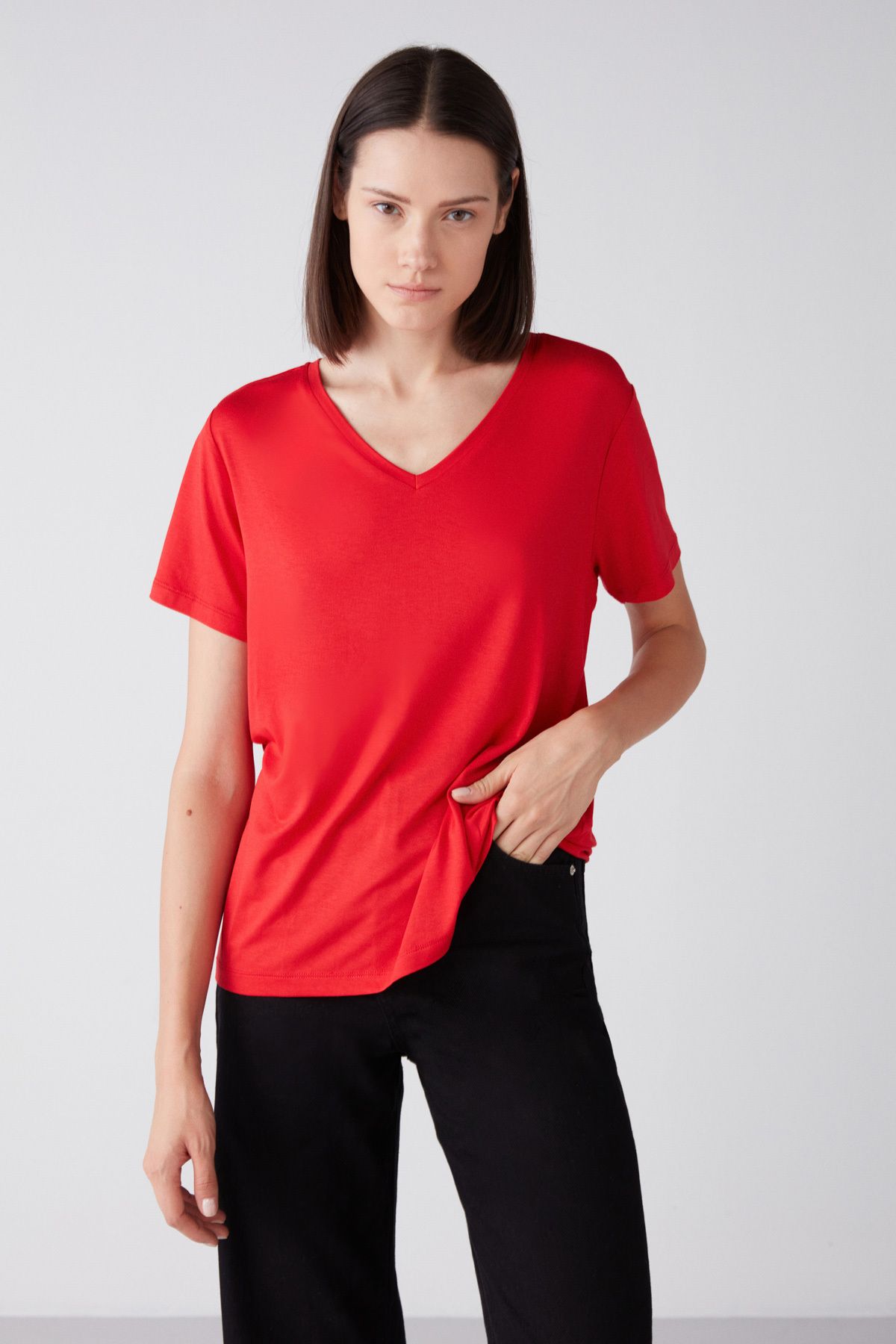GRIMELANGE Vıolet Kadın V-yaka %100 Pamuk Basic Kırmızı T-shirt