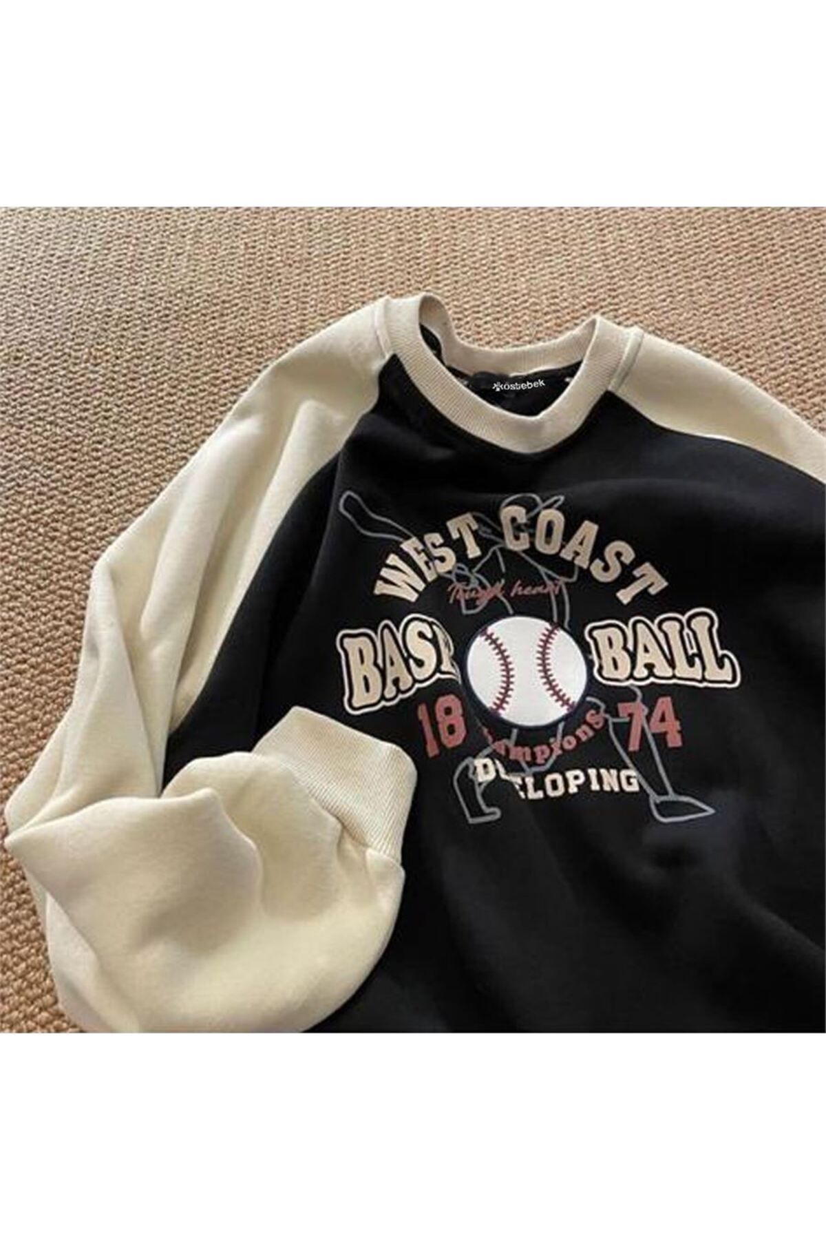 Köstebek Ekru Raglan Kollu Siyah New Coast Baseball (UNİSEX) Uzun Kollu -mingalondon