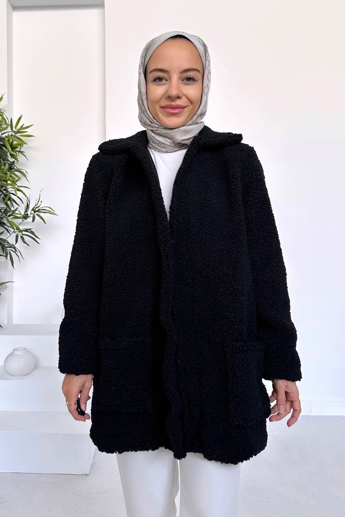 Ka Hijab Astarlı Çift Cep Peluş Tesettür Mont - Siyah