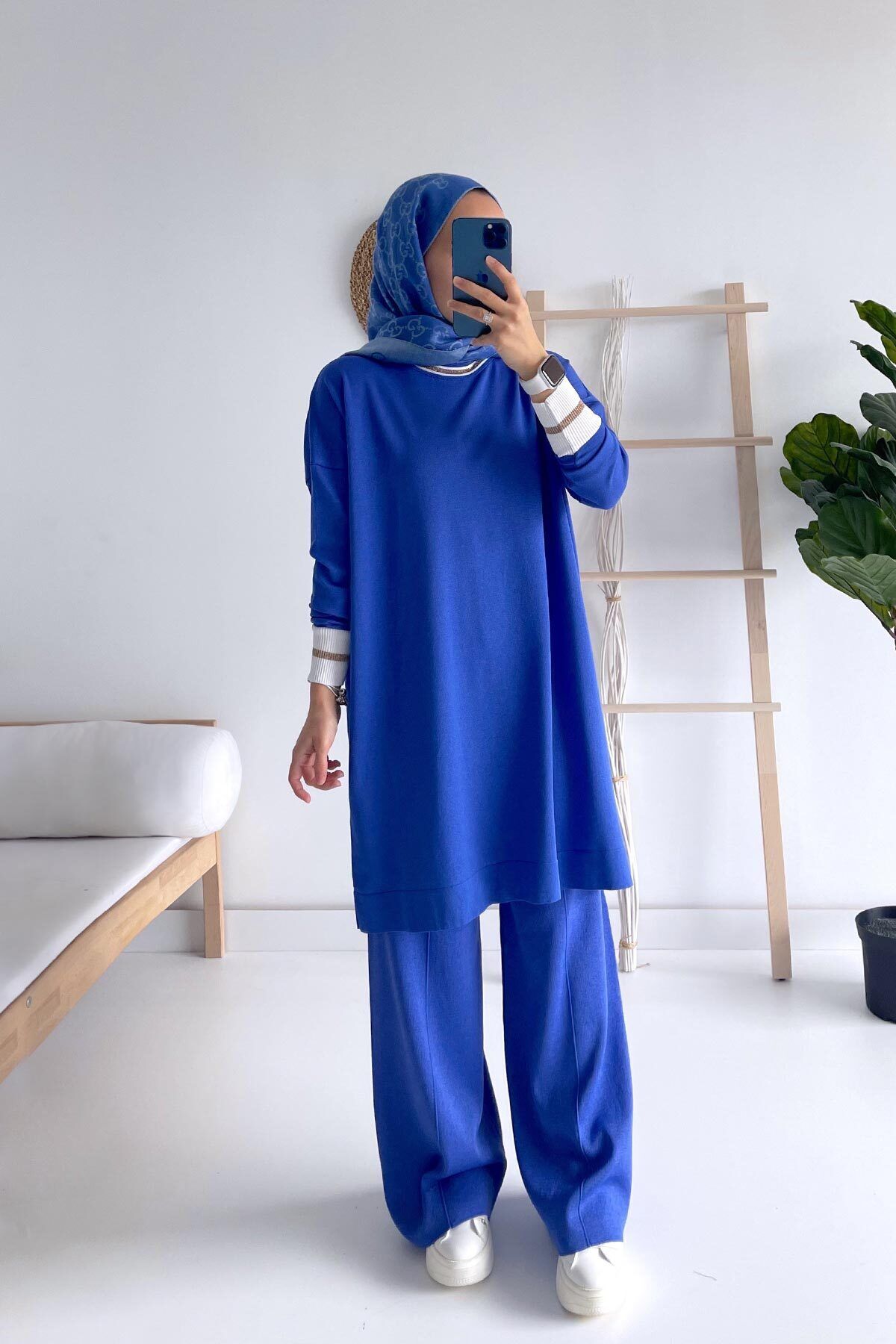 Ka Hijab Yaka Şeritli Merserize Tesettür Takım - Mavi