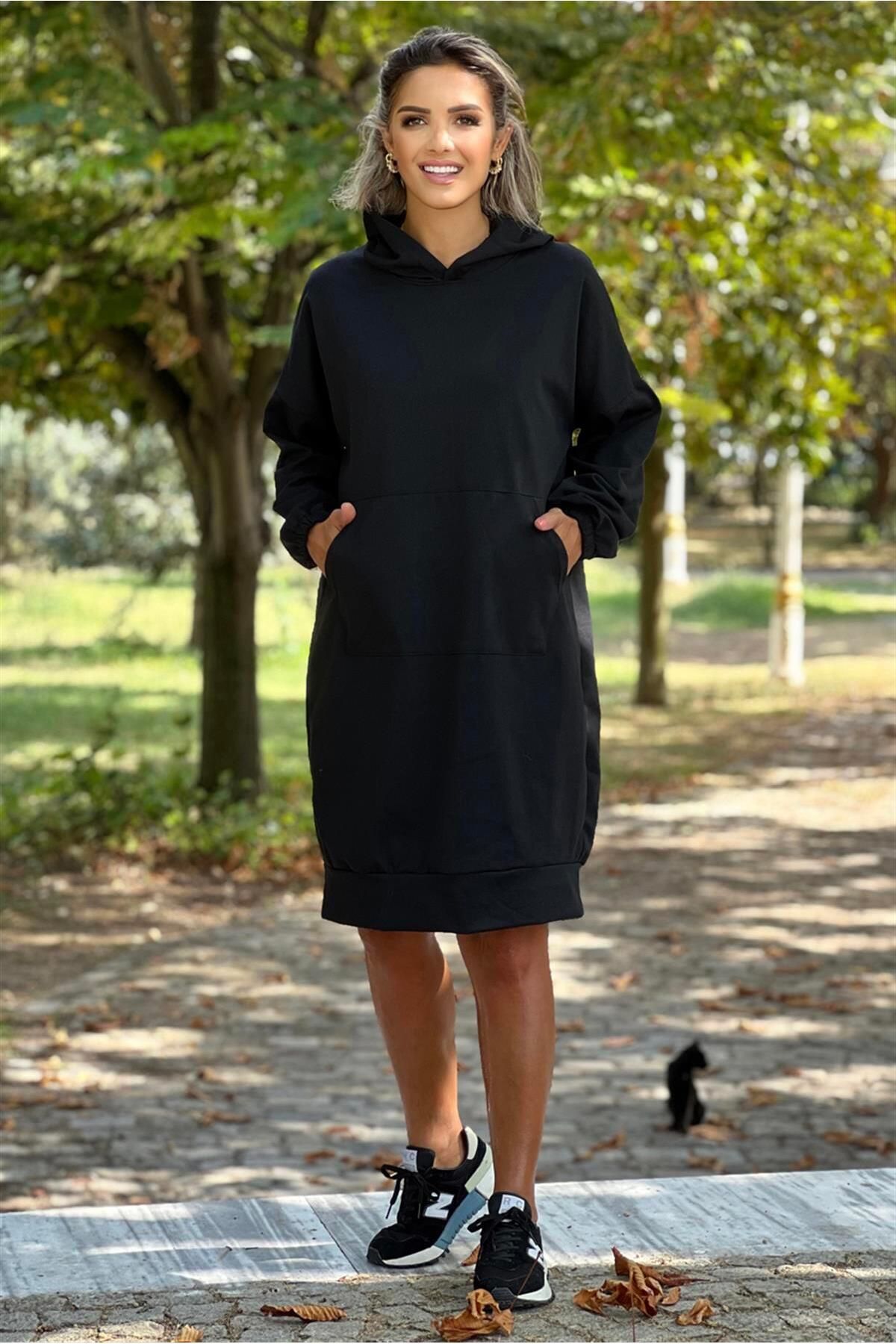 Nevin Kaya Moda Siyah Renk Kanguru Cepli Kapşonlu Sweat Elbise