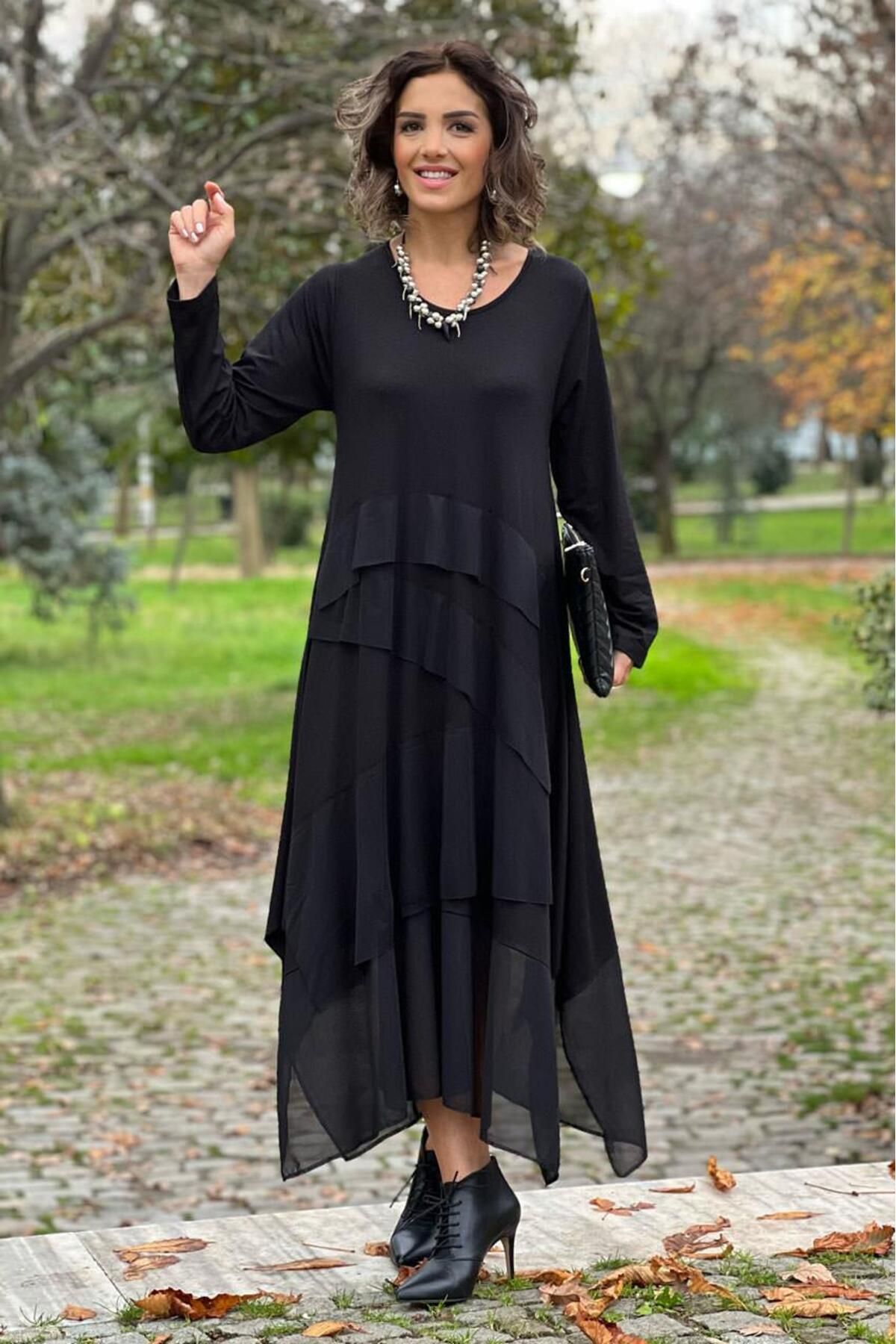Nevin Kaya Moda Tül Detaylı Siyah Uzun Kollu Gotik Kiloları Gizleyen Elbise