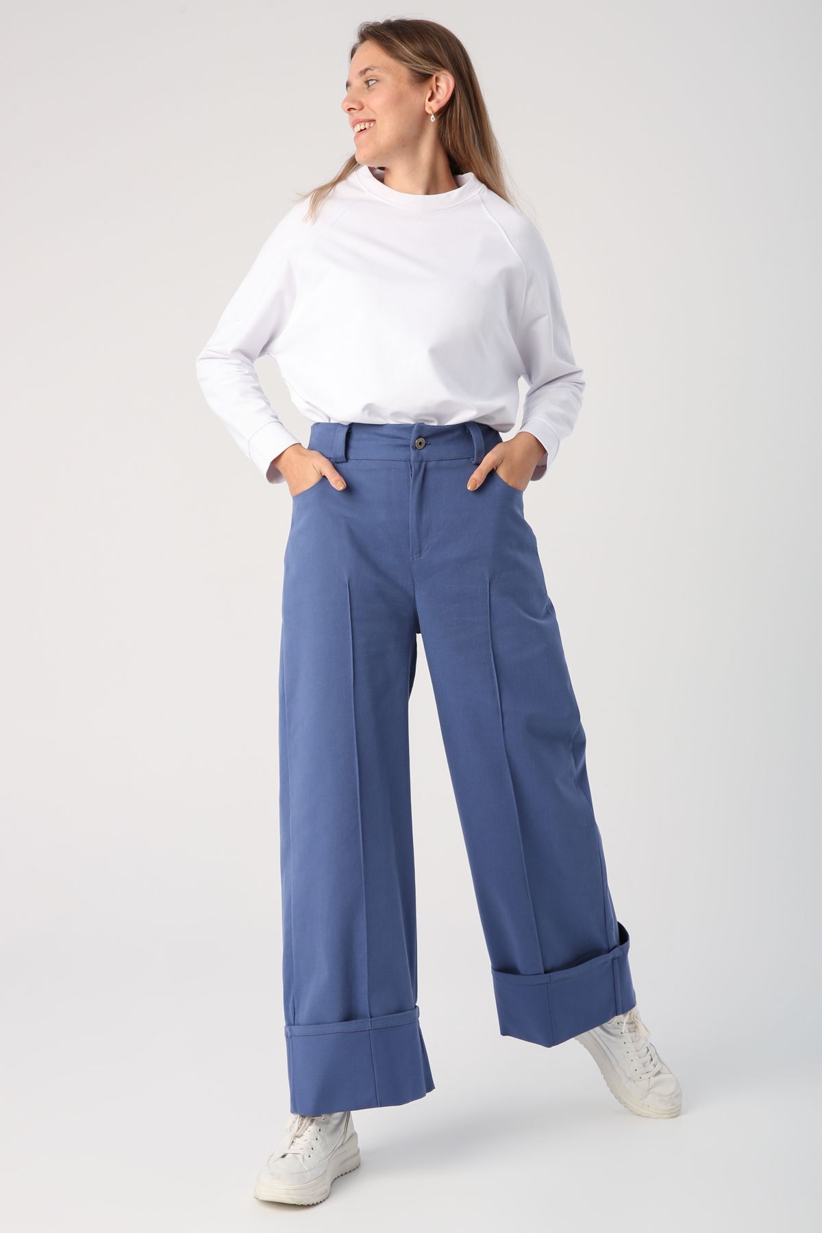 ALLDAY Mavi Pamuklu Geniş Paça Katlamalı Pantolon