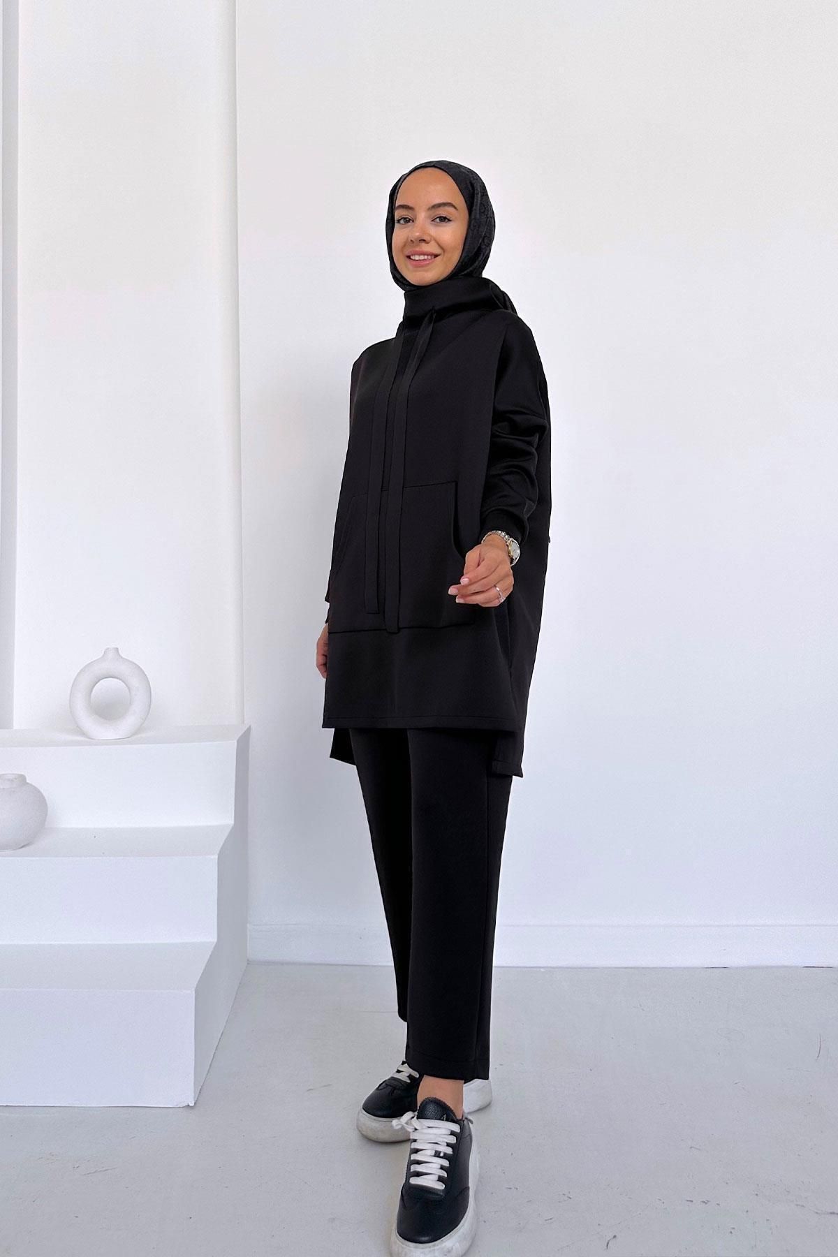 Ka Hijab Kanguru Cep Scuba Takım - Siyah