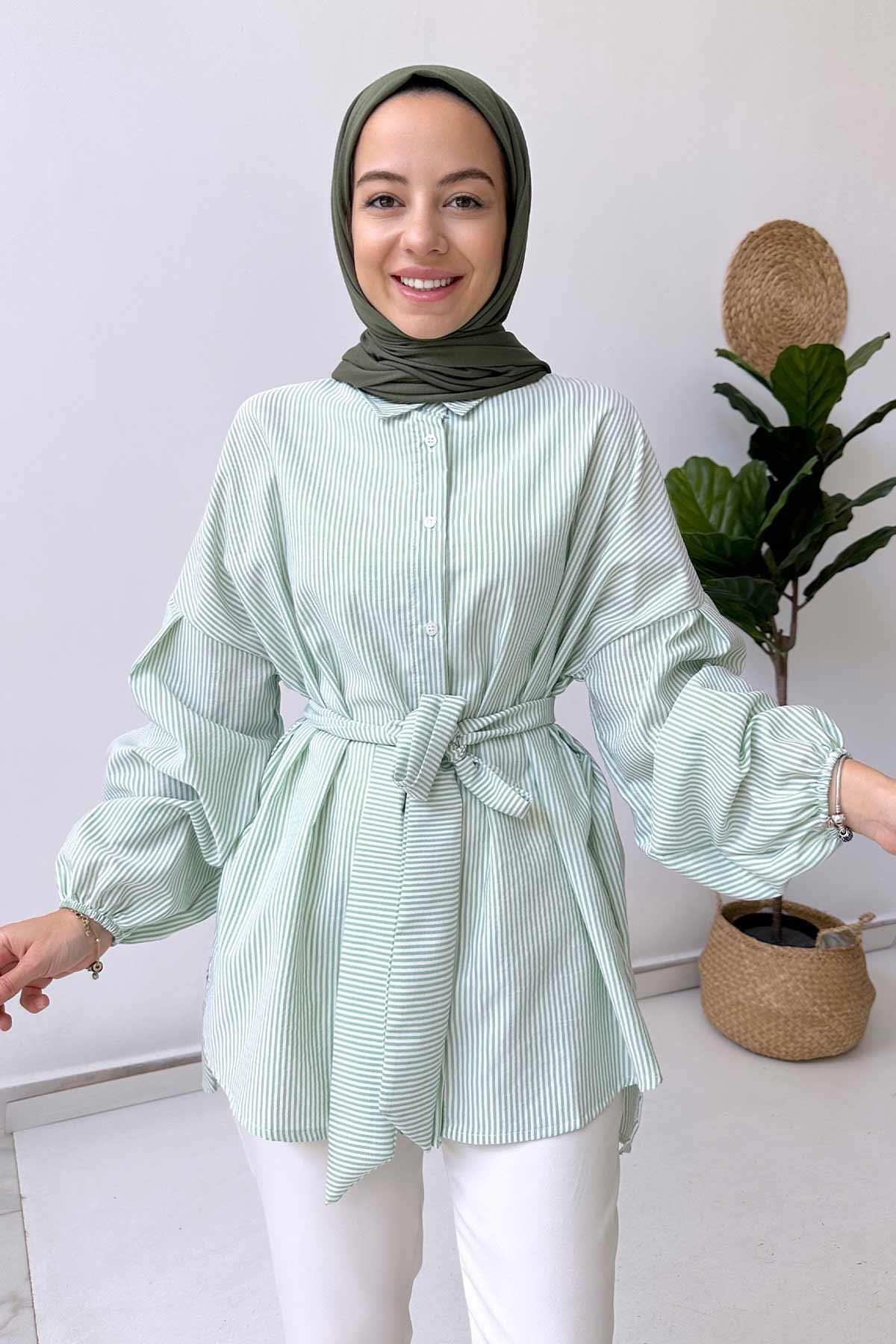 Ka Hijab Balon Kol Çizgili Gömlek - Yeşil