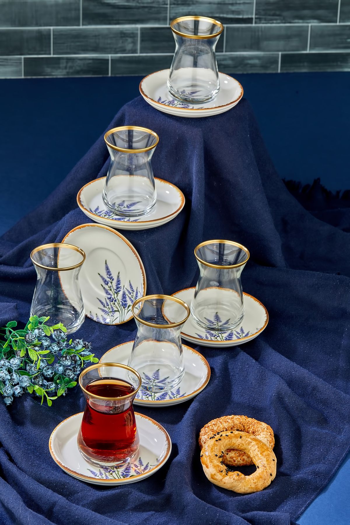 Babion Varaklı Lavanta Lüx Seramik Gold Altın Yaldız 12 Parça 6 Kişilik Çay Bardağı Takımı, Çay Seti