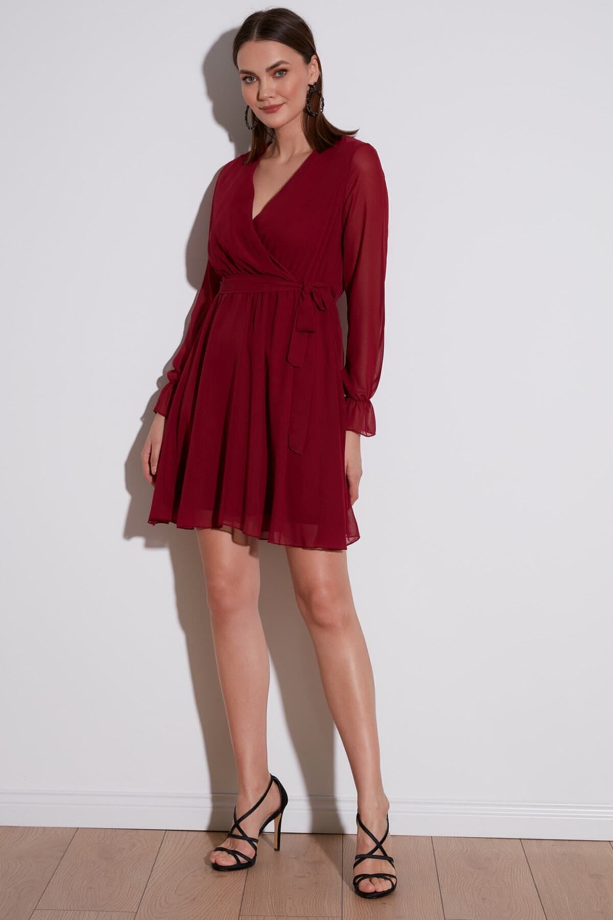 Lela Kruvaze Yaka Bağlama Detaylı Şifon Mini Elbise Kadın Elbise 6051467
