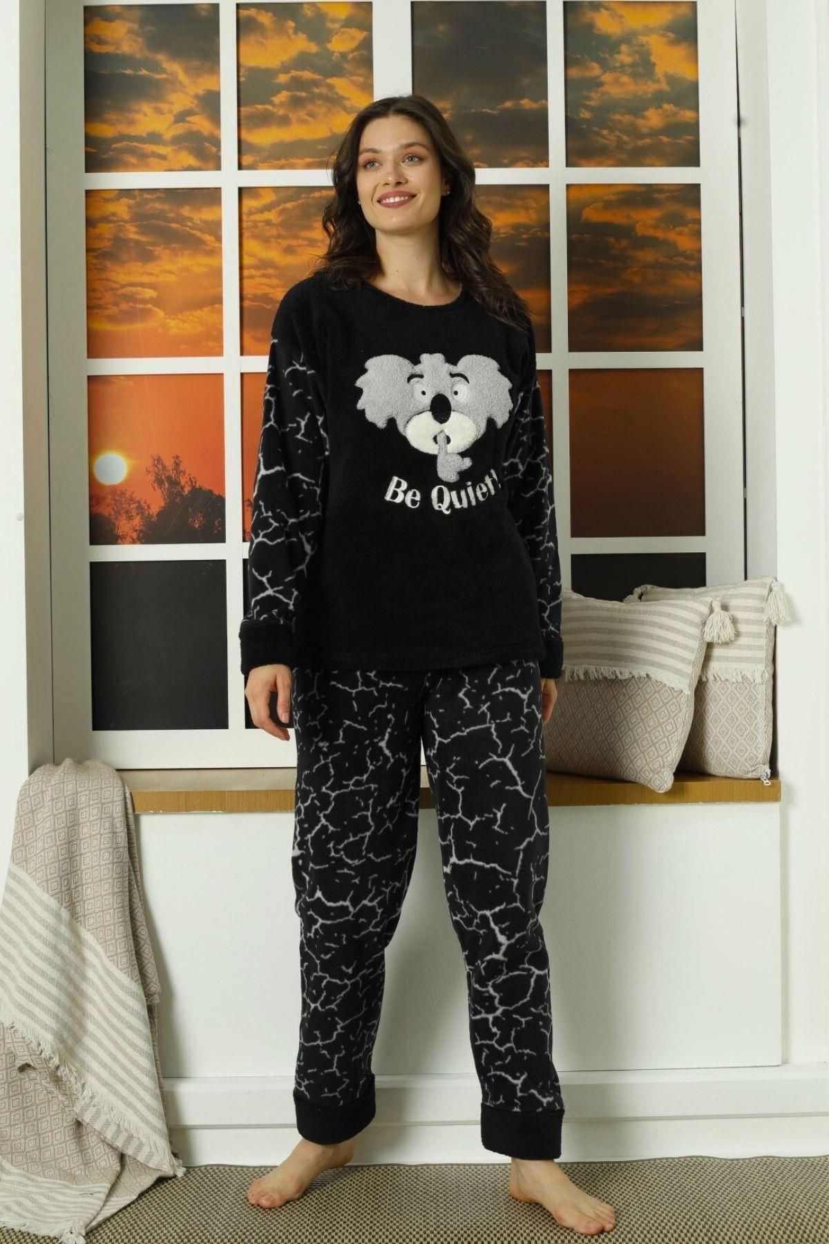 Mossta Koala Kol Ve Paça Detaylı Polar Pijama Takımı Siyah