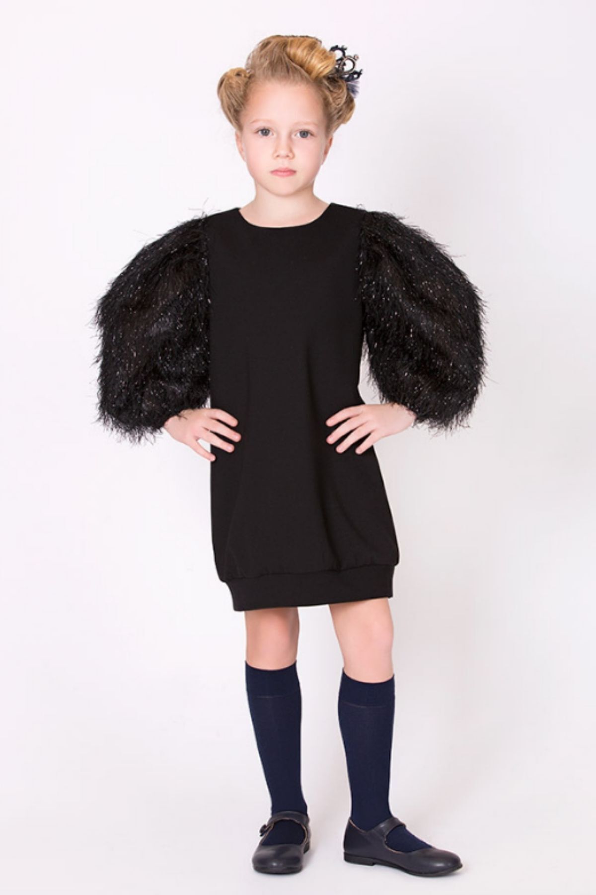 Goose Kız Çocuk Kolu Simli Püsküllü Siyah Jile Elbise