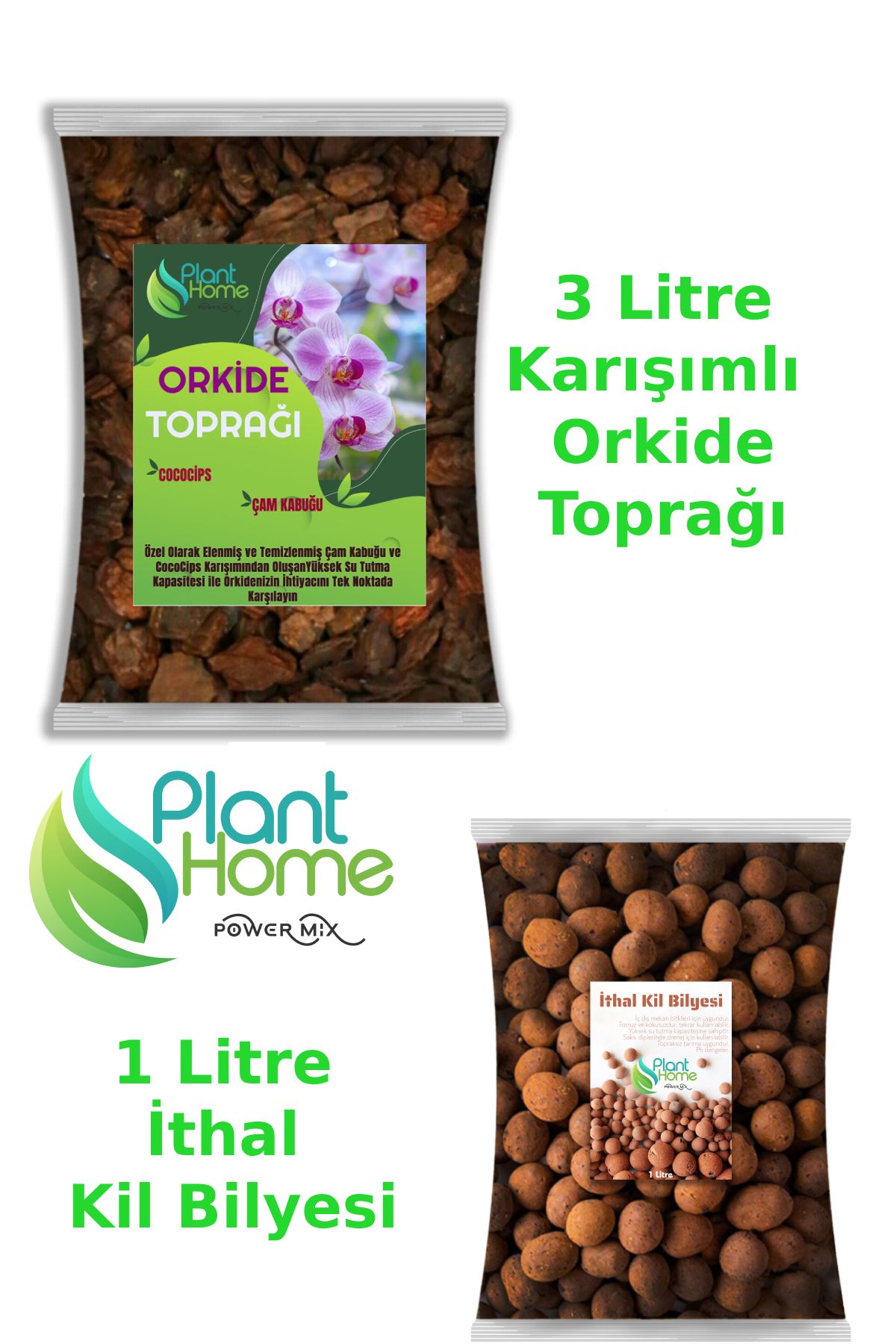 plant-home 3 Litre İthal Çam Karışımlı Orkide Toprağı - 1 Litre İthal Kil Bilyesi Set