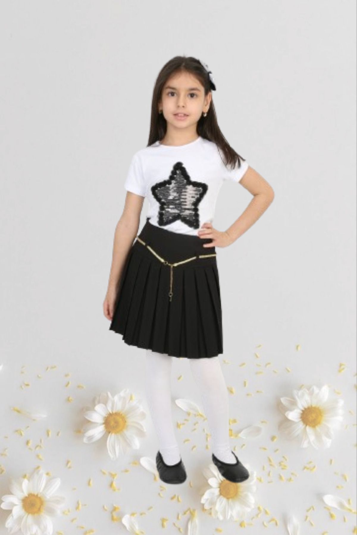 Nacar Kız Çocuk 23 Nisan Okul Gösteri Kıyafeti Doğum Günü Pileli Etek Tshirt Siyah Takım 024