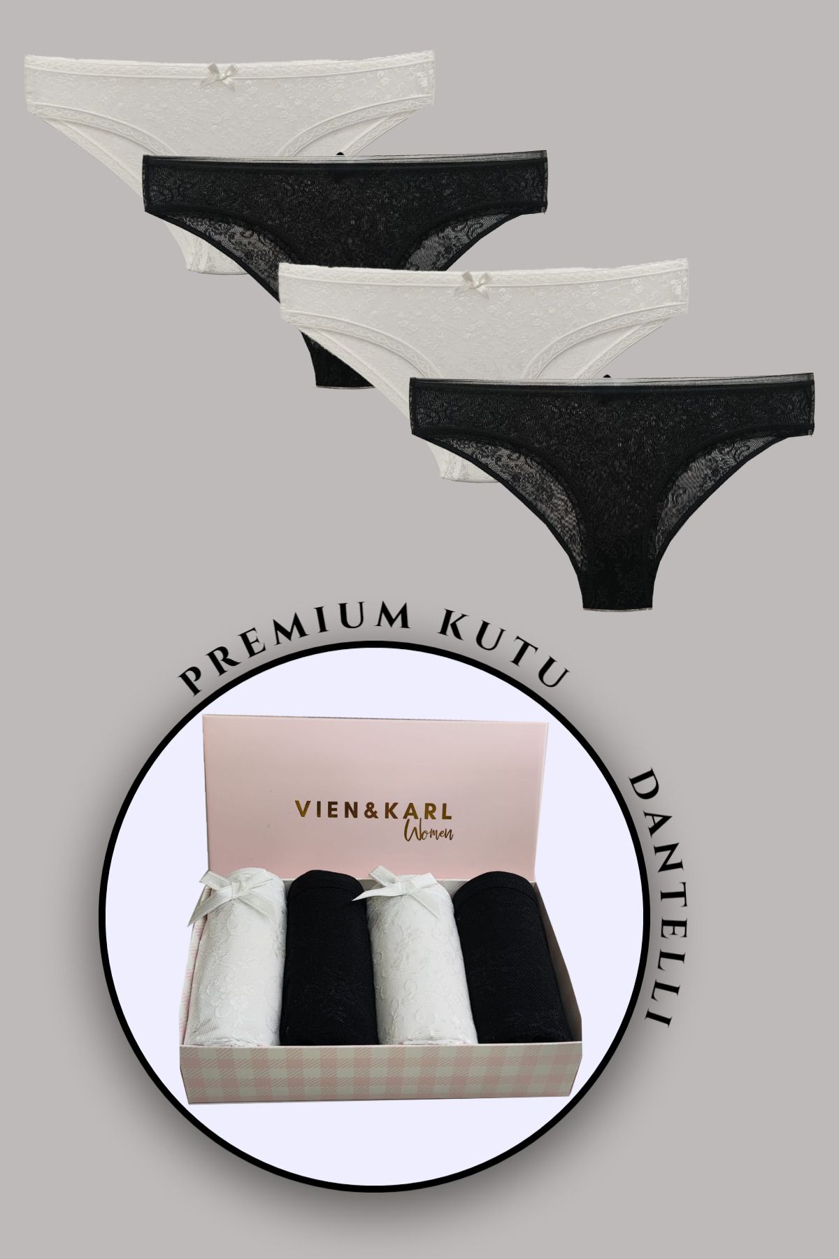 Vien&Karl Kadın Dantelli Külot 4'lü Premium Kutuda Siyah Beyaz