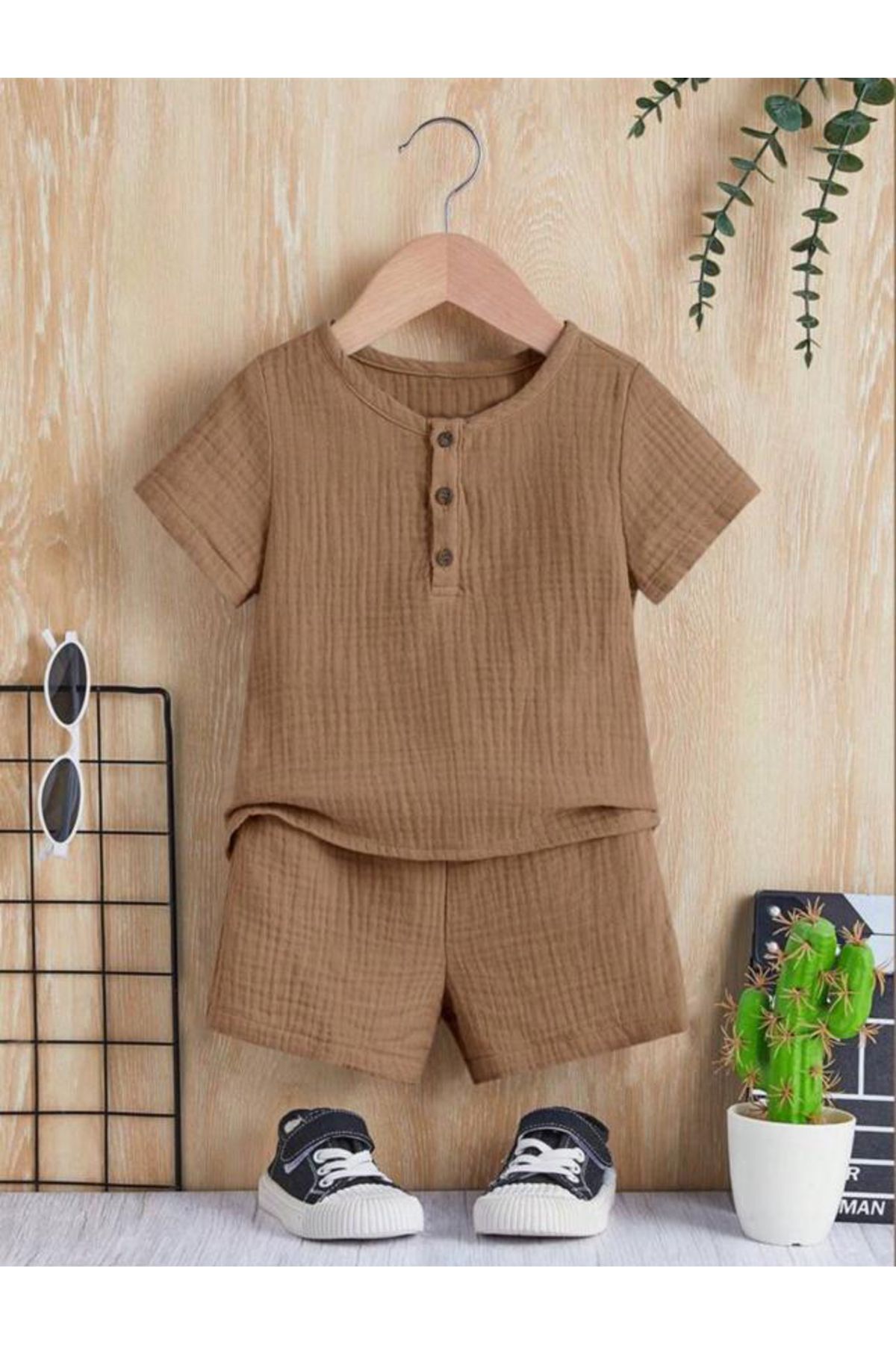 Bubito Unisex Bebek&Çocuk %100 Pamuklu Düğmeli Müslin Alt Üst Şort Takım-Kahverengi