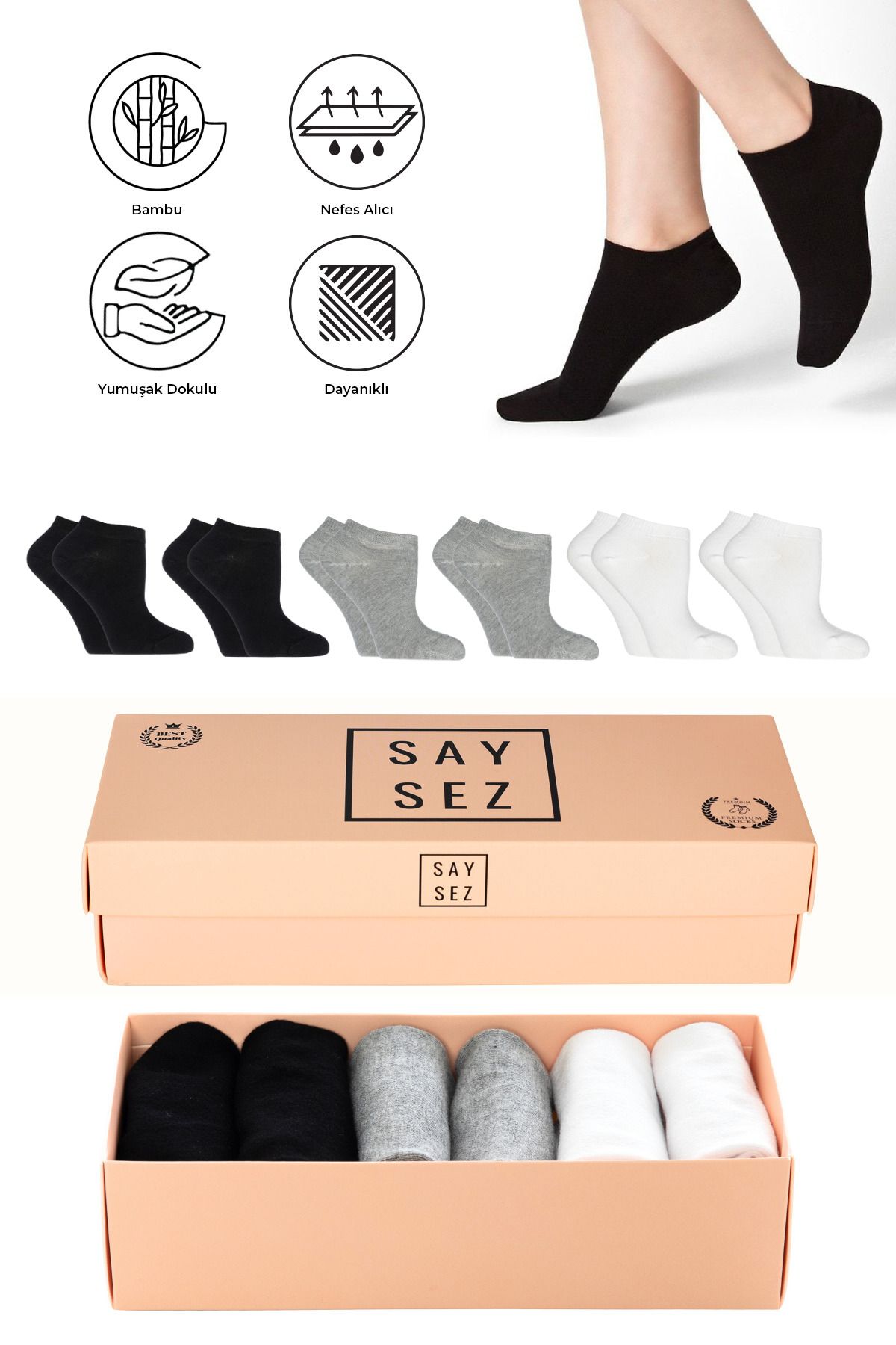 SAYSEZ Bambu Kadın Patik Düz Siyah-Beyaz-Gri Çorap Çok Renkli Dikişsiz Premium Kutulu 6'lı