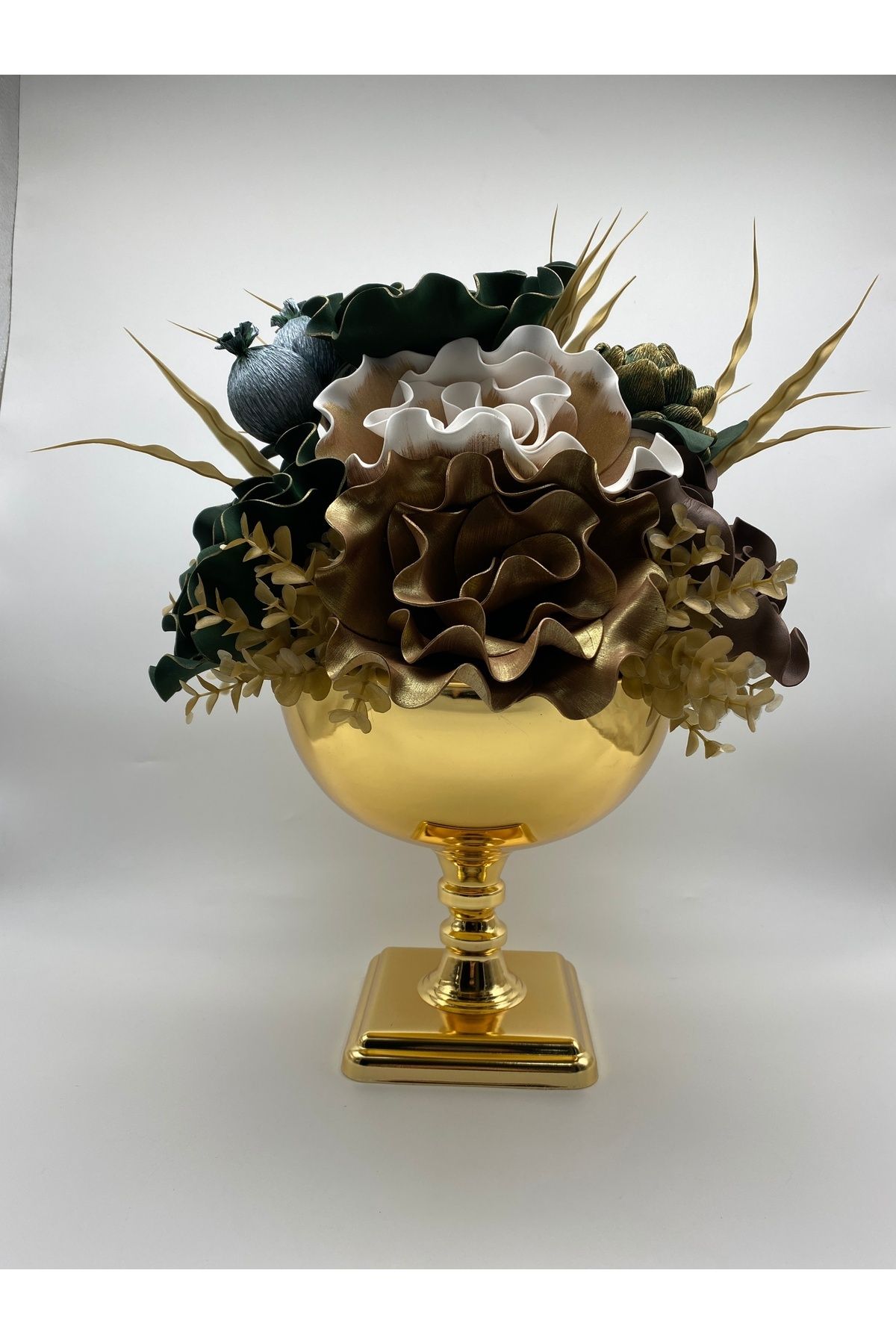 Fiyakalı Ürünler Atölyesi Çiçekli Kare Ayaklı Gold Dekoratif Orta Vazo, Çiçek Ve Orkide Vazosu, Çiçek Aranjmanı Kupa