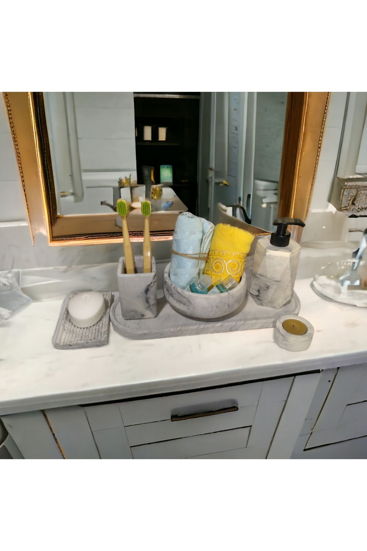 Genel Markalar Marble Serisi 6'lı Banyo Seti Tuvalet Wc Sıvı Sabunluk Diş Fırçalığı Beton Aksesuar Takımı