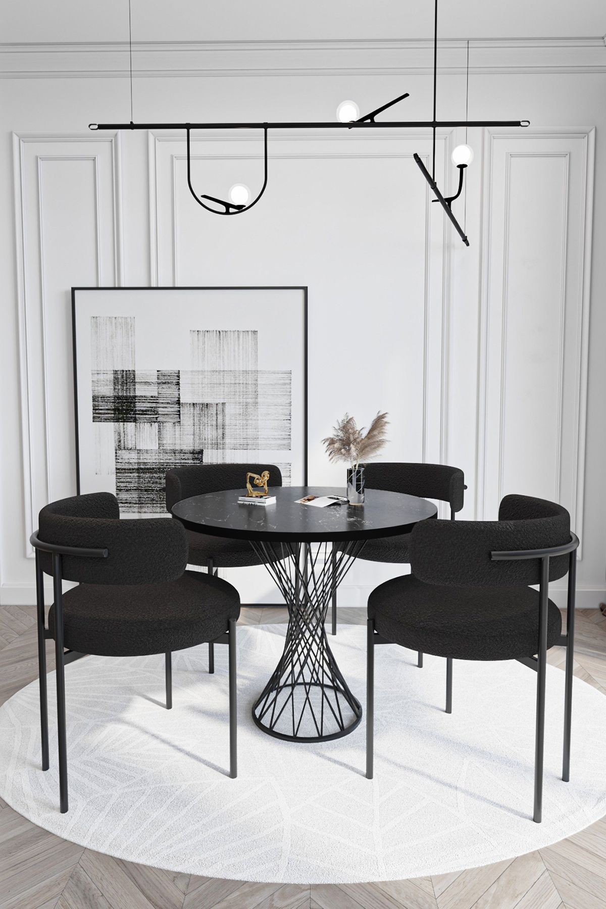 Ressa Home Teddy Sandalye 90x90 Yuvarlak Siyah Hasır Ayaklı Yemek Masası Mutfak Masası Masa Sandalye Takımı