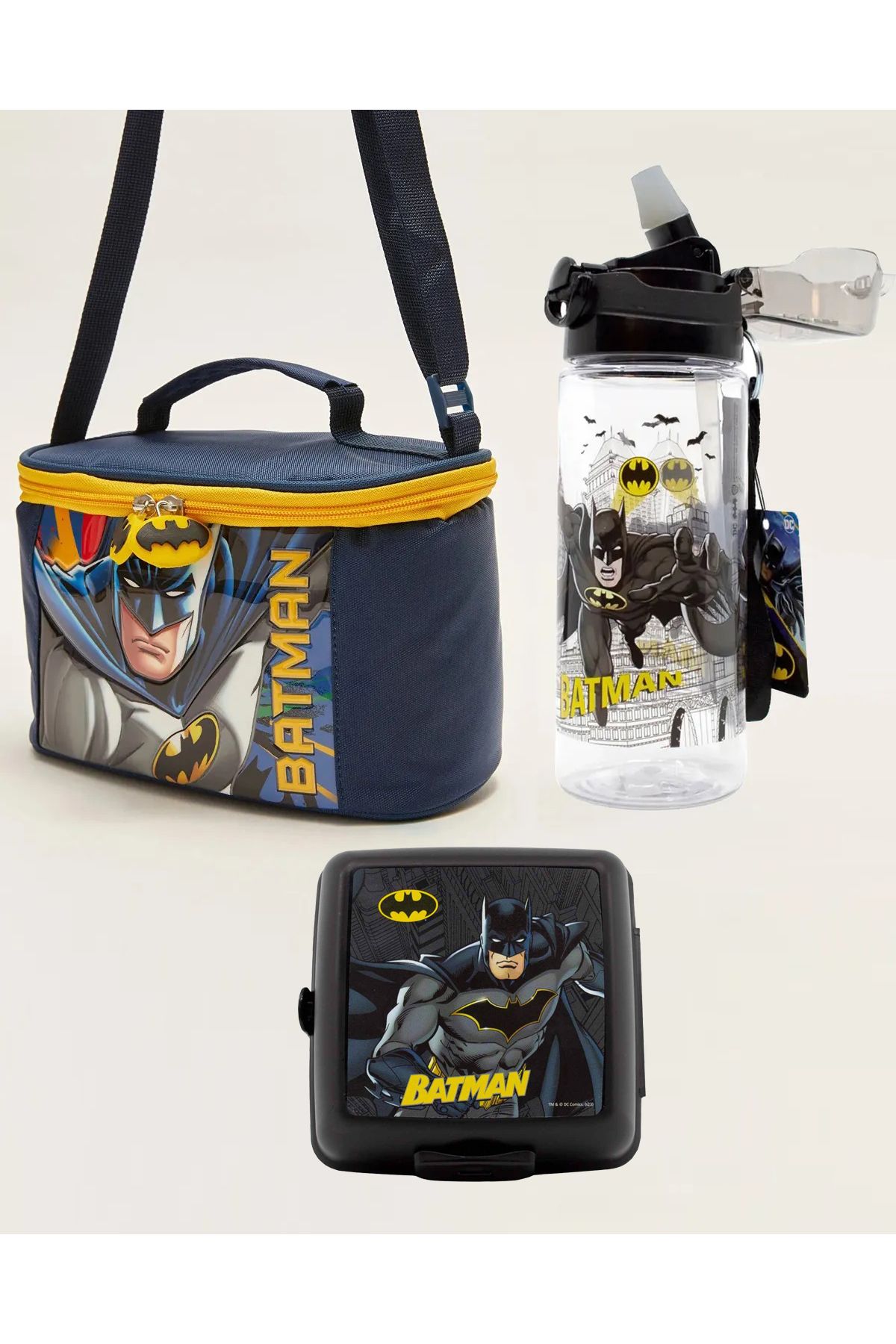 Batman Lisanslı Beslenme Çantası + Pipetli Suluk +Beslenme Kabı Premium 3lü Set