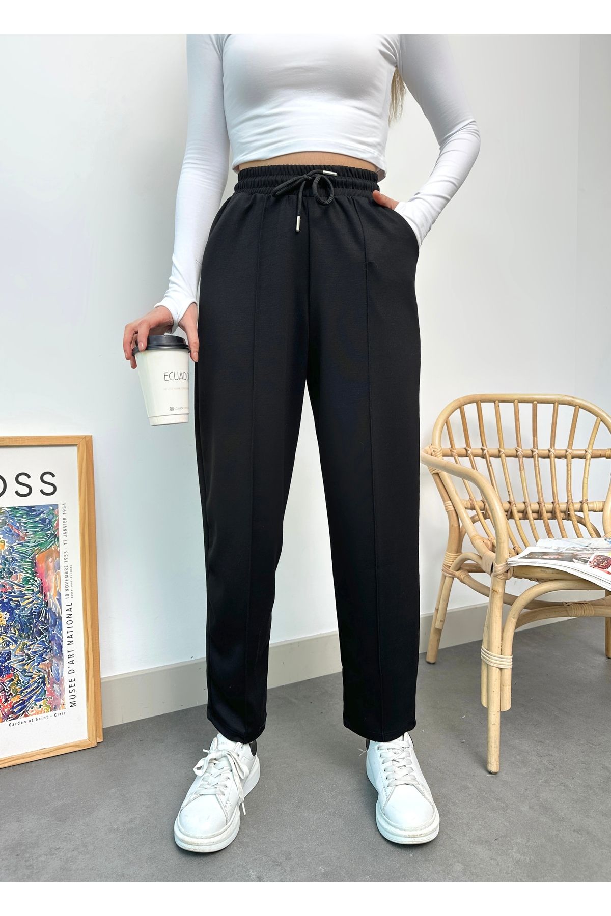 schlank Kadın Siyah Modal Karışımlı Kumaş Belden Lastikli Cepli Çımalı Şalvar Pantolon