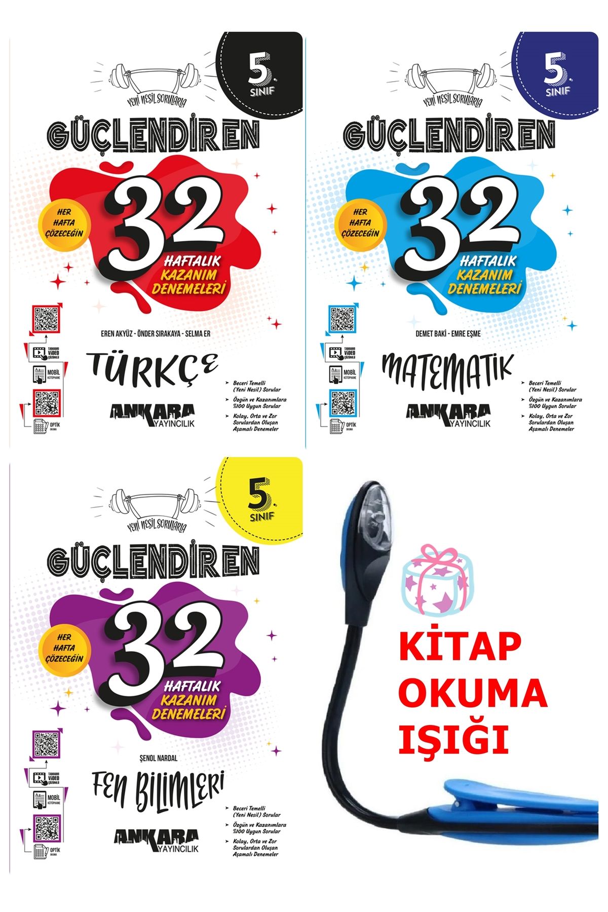 Ankara Yayıncılık 5 Sınıf Türkçe-Matematik-Fen Güçlendiren 32 Haftalık Denemeler FULL Set + Kitap Okuma Işığı Hediye