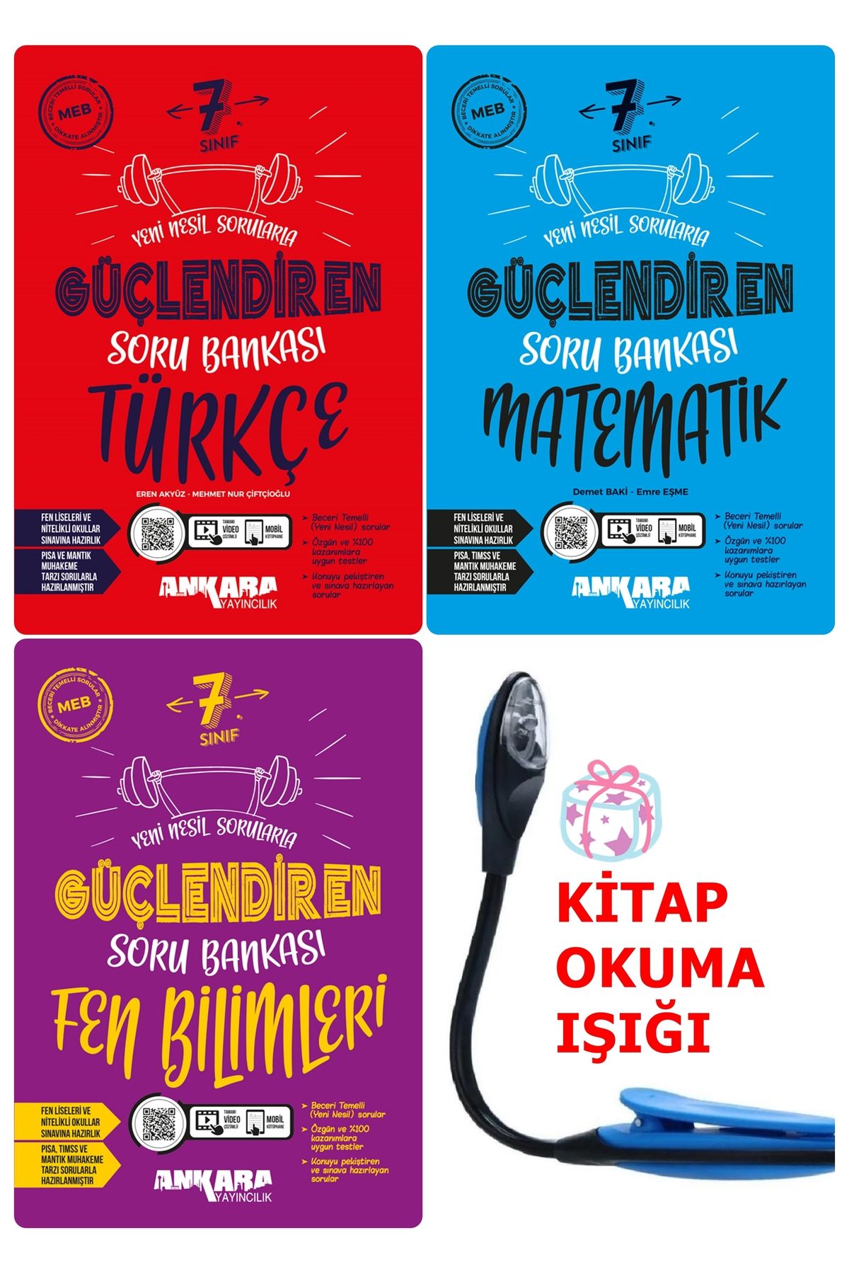 Ankara Yayıncılık 7 Sınıf Türkçe-Matematik-Fen Güçlendiren Soru Bankası Set + Kitap Okuma Işığı Hediye