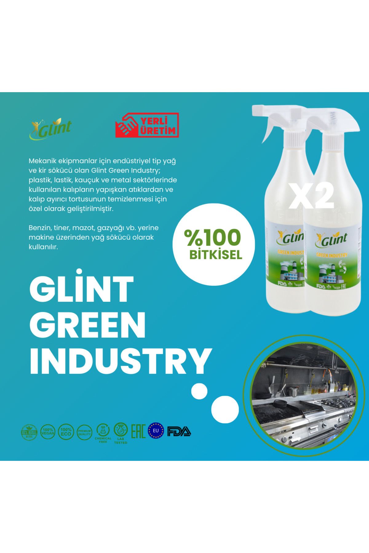 Glint Green Industry 2 X 1 Lt. %100 Bitkisel Yüzey Ahşap Parke Mobilya Temizleyici