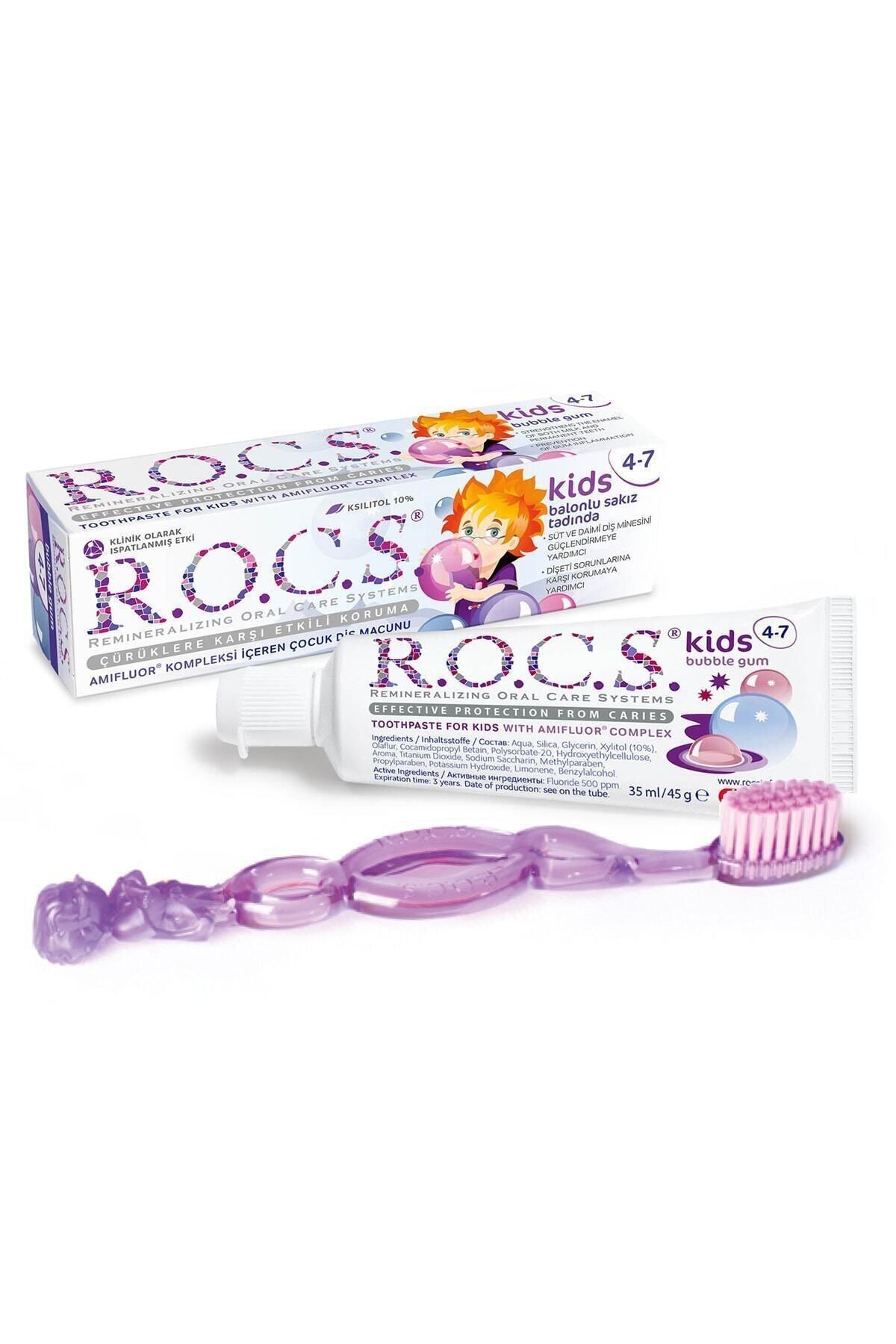R.O.C.S. Rocs Kids 4-7 Balon Sakızı Tadında Diş Macunu 45g Diş Fırçası Seti-lila