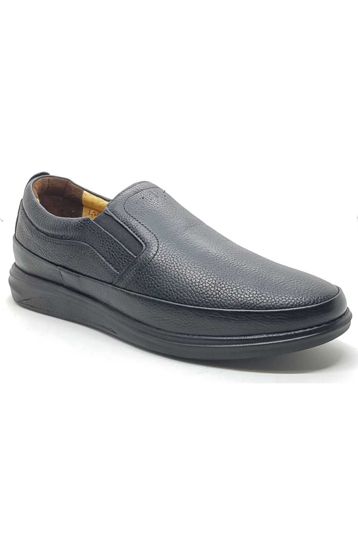 Neco Siyah bağcıksız ayakkabı deri kaymaz kauçuk taban