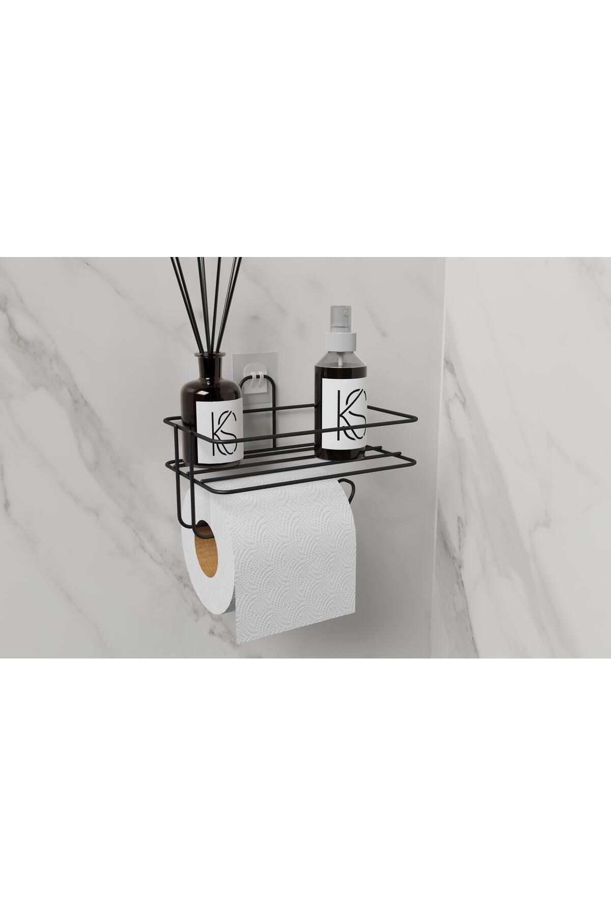 KILINÇ STORE Yapışkanlı Raflı Siyah Tuvalet Kağıtlığı Tutacağı Askısı Metal Tuvalet Kağıtlık Wc Kağıt Tutacağı