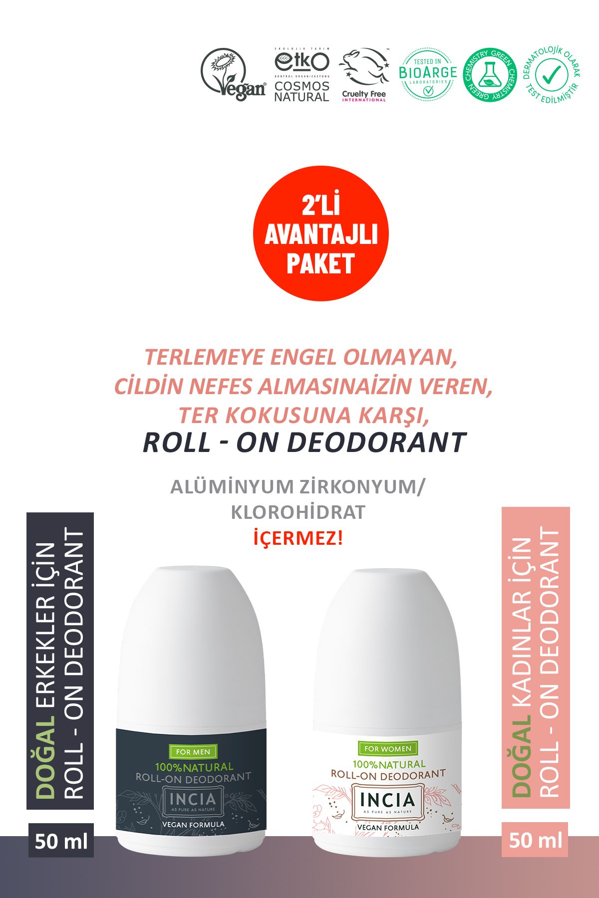 INCIA %100 Doğal Roll On Deodorant Kadın & Erkek Ter Kokusu Önleyici Lekesiz 50 ml Set