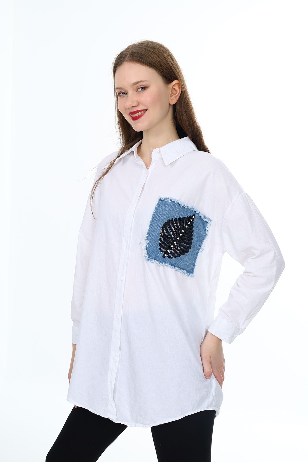 Enisena Kadın Gömlek-Sahte Kot Cep Detaylı-Pul Baskılı S-M-L-XL 0198Zyk
