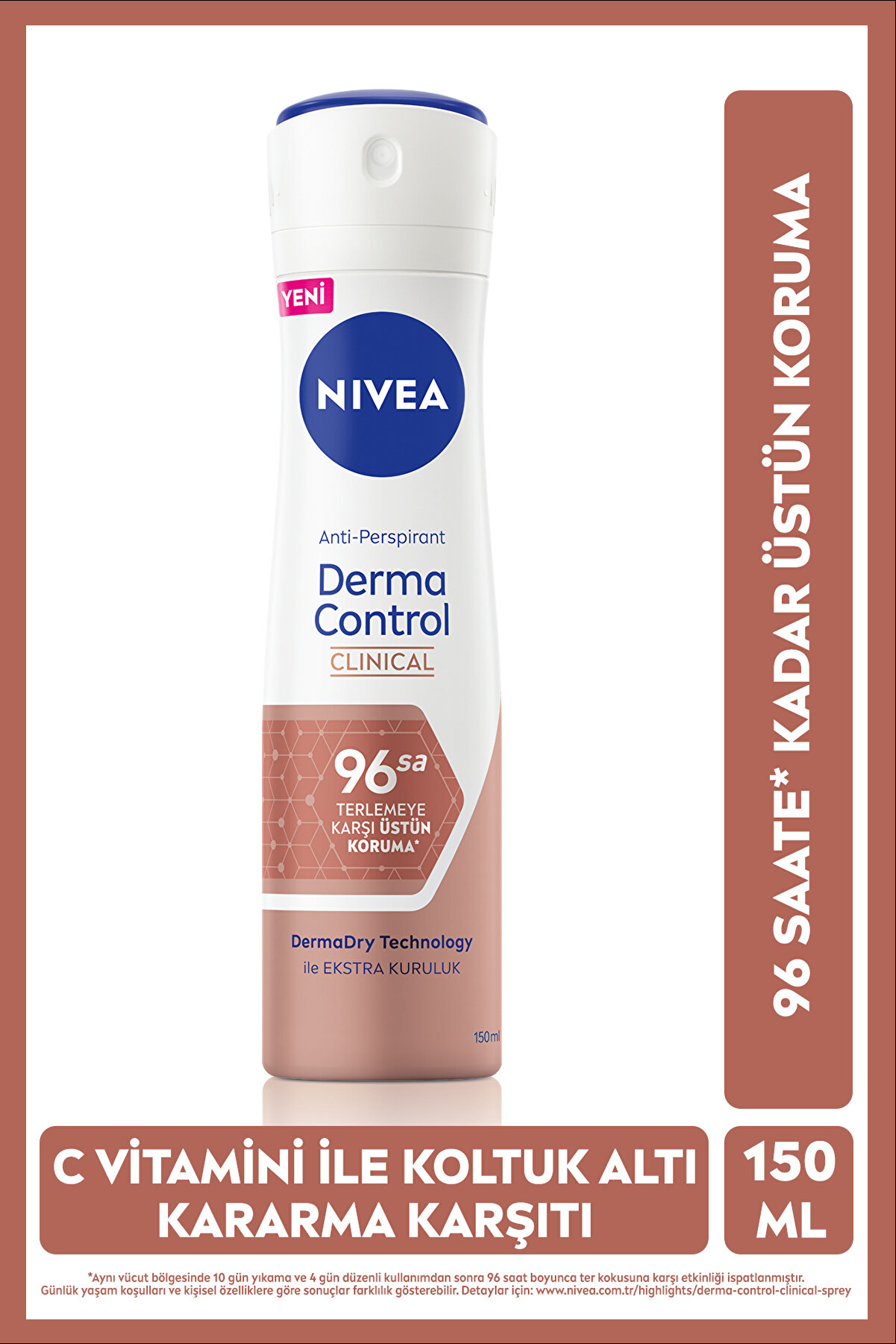 Nivea Kadın Sprey Deodorant Derma Control Clinical 150ml, 96 Saat Koruma, C Vitamini
