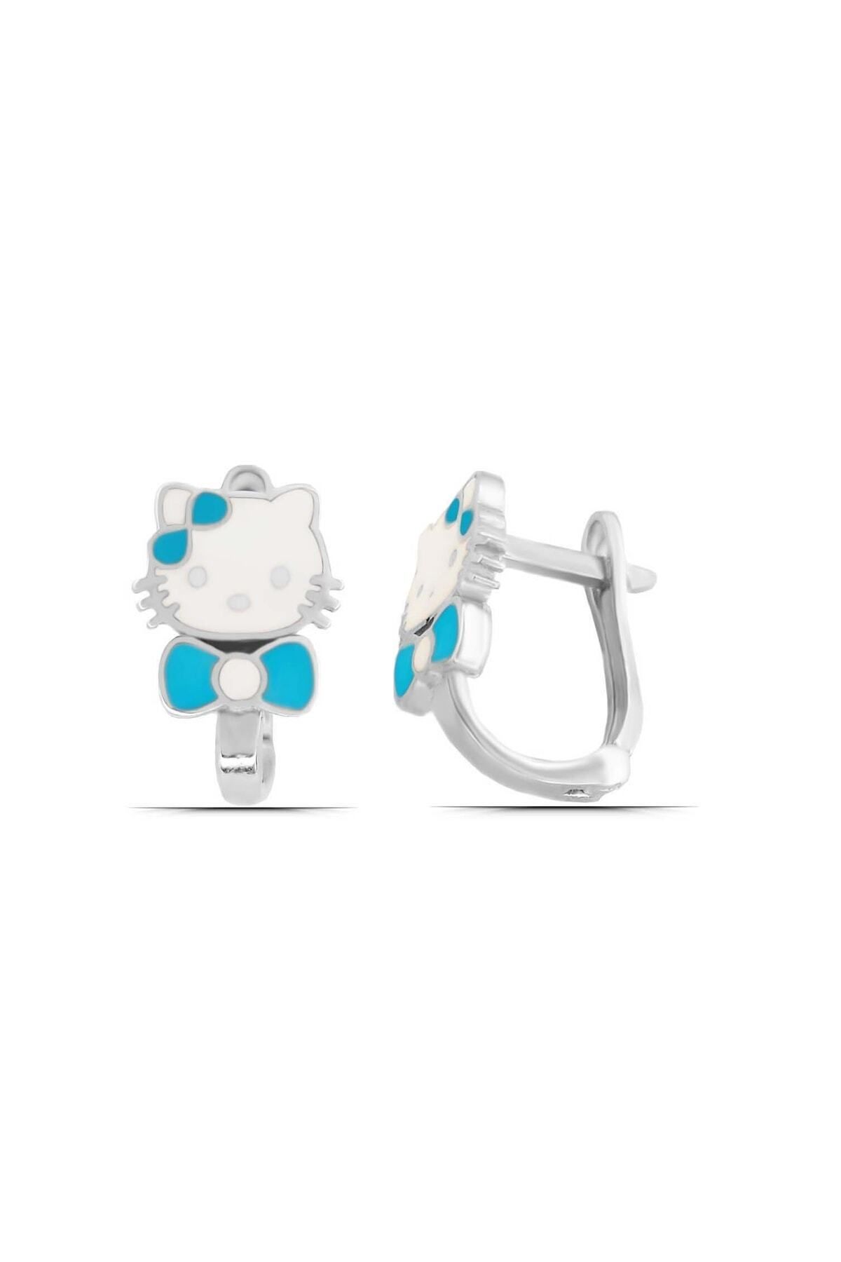 Parmas Design Hello Kitty Mavi Kedi Tasarım 925 Ayar Gümüş Kız Çocuk Küpe