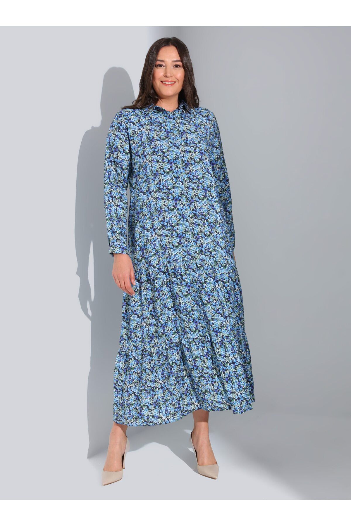Alia Doğal Kumaşlı Büyük Beden Çiçek Desenli Elbise - Mavi - Alia