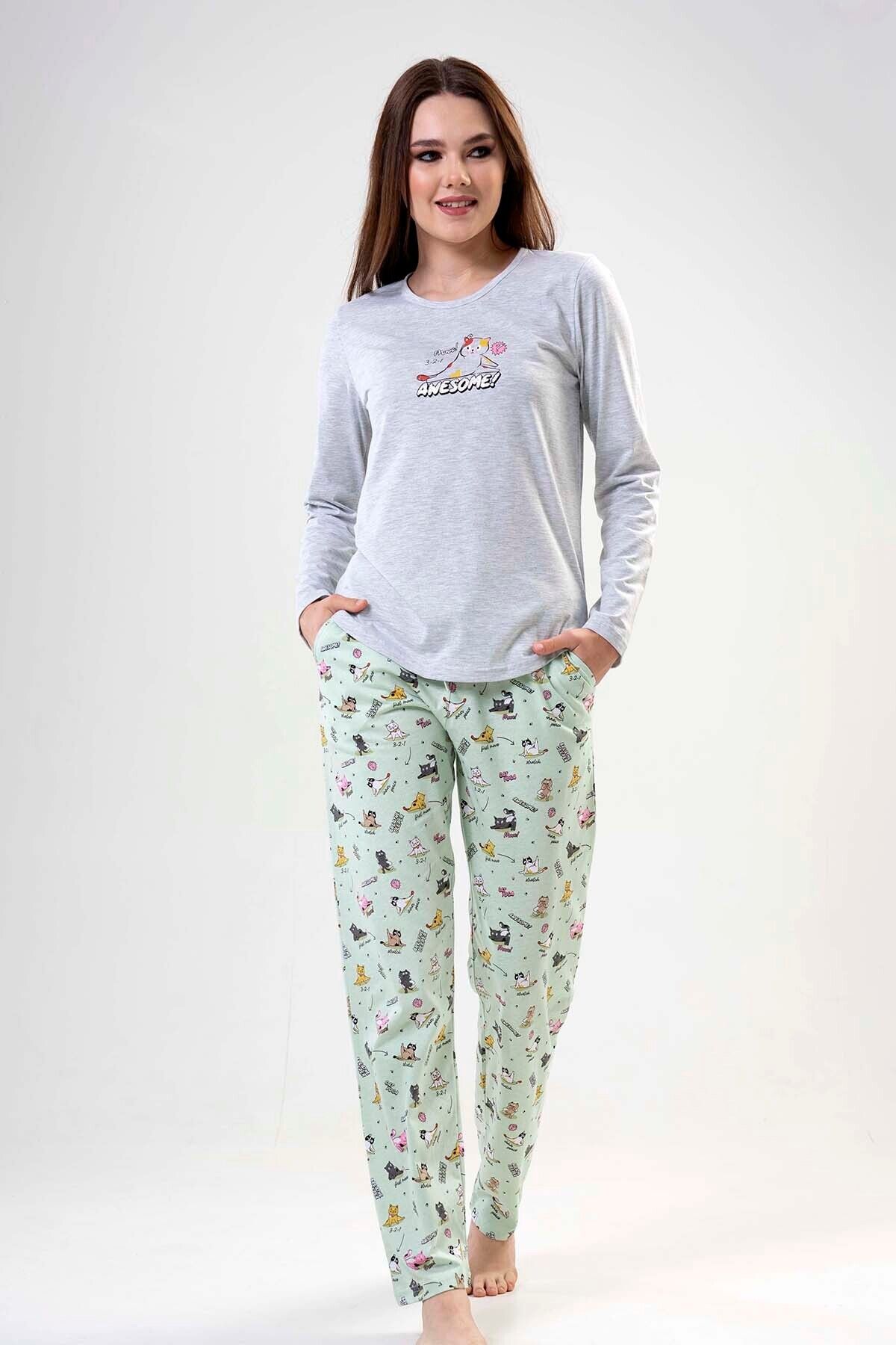Vienetta Pamuklu Kadın Uzun Kol Pijama Takım, 204041