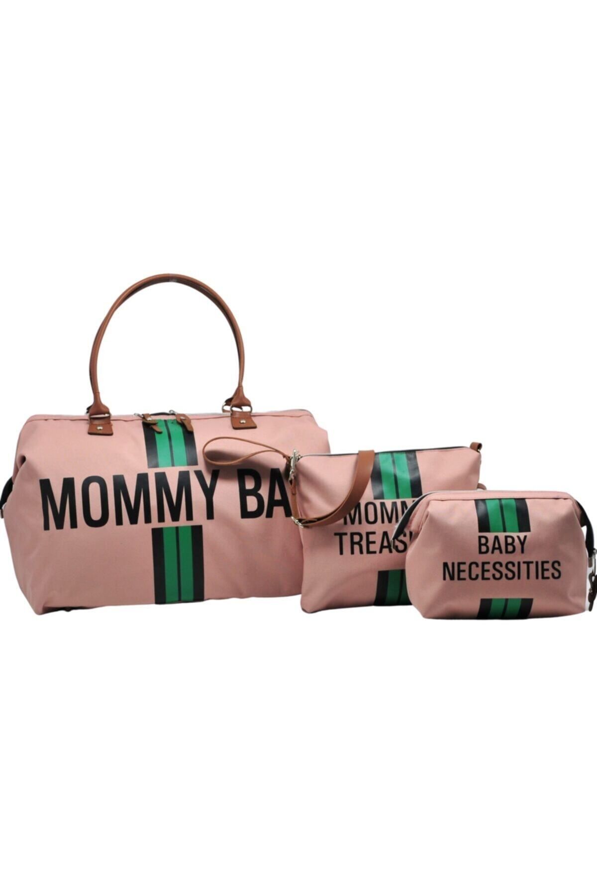 Babysi Mommy Bag Tasarım Çizgili 3 Lü Set Pudra Baby Anne Bebek Bakım Ve Kadın Çantası