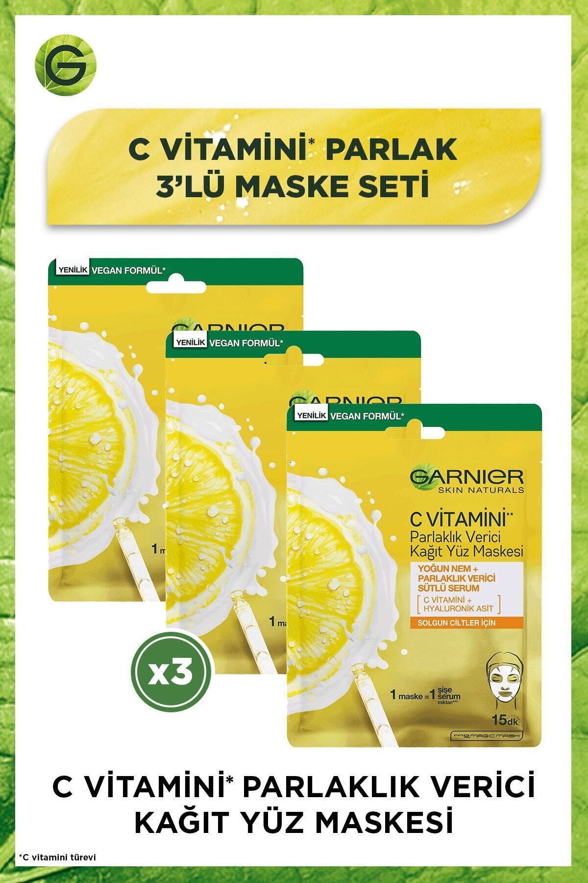 Garnier C Vitamini Parlaklık Verici Kağıt Yüz Maskesi 3'lü Set