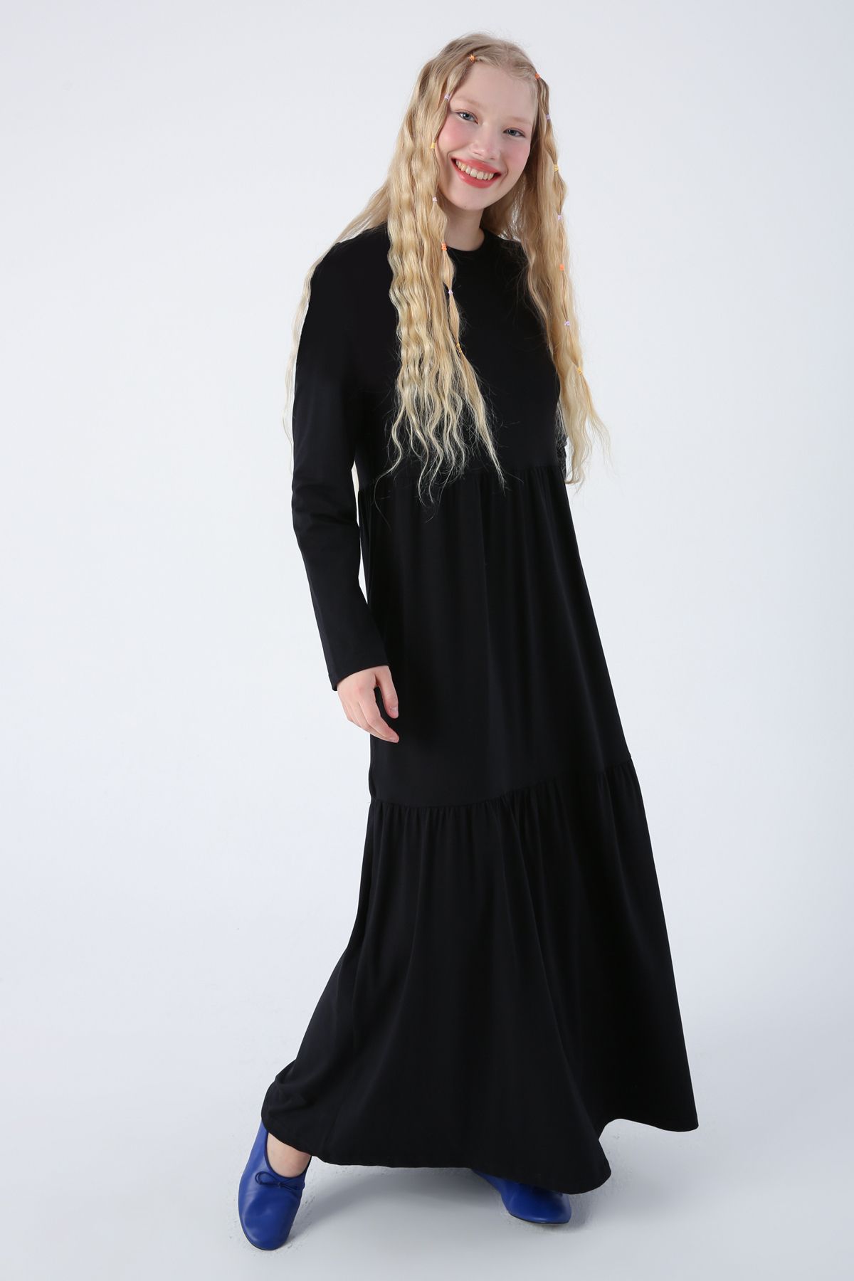 ALLDAY Siyah Pamuklu Fırfırlı Cepli Penye Elbise