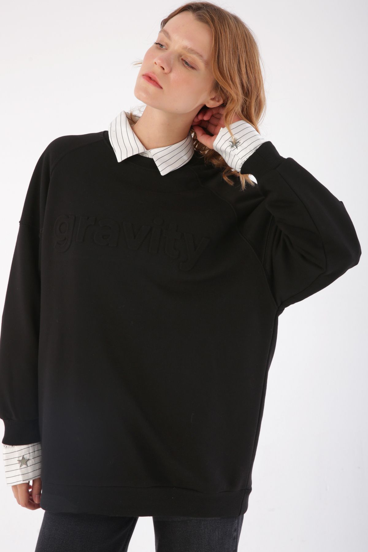 ALLDAY Siyah Kabartma Baskılı Oversize Sweatshirt