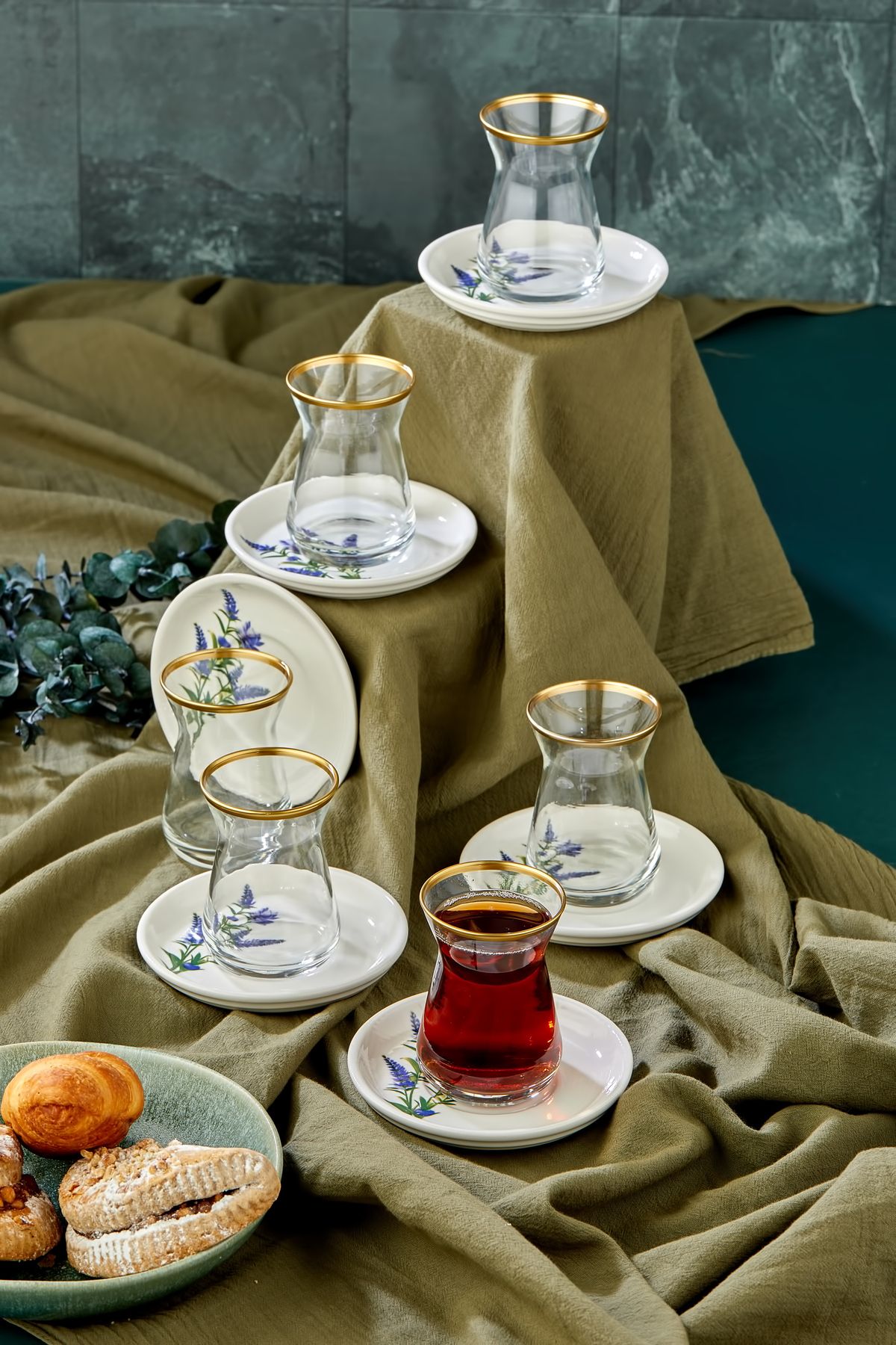 Babion Lavanta Lüx Seramik Gold Altın Yaldız 12 Parça 6 Kişilik Çay Bardağı Takımı, Çay Seti