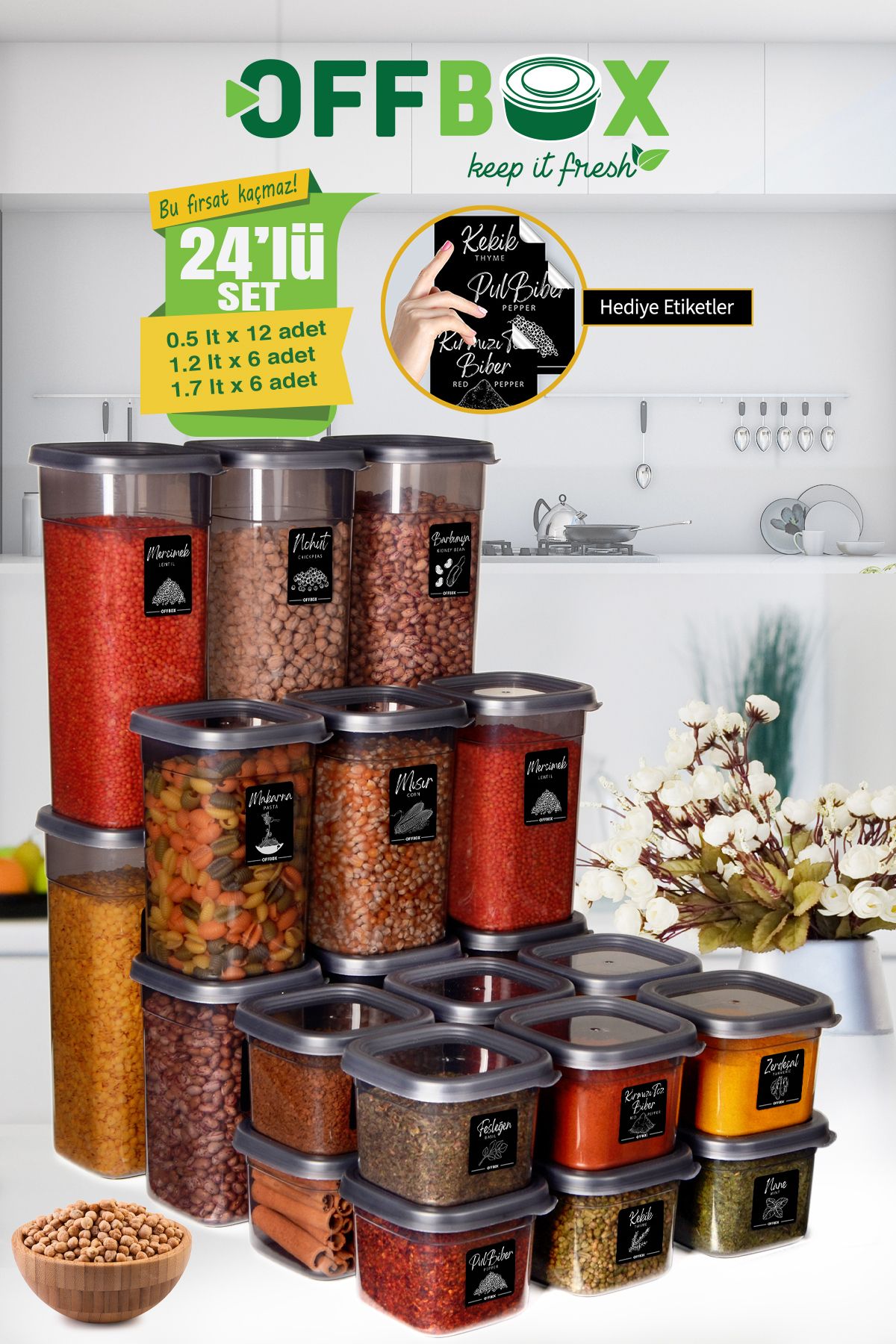 OFFBOX 24 Lü Kare Erzak Bakliyat Saklama Kabı Seti Baharatlık 40 Etiketli Çeyiz Mutfak Seti Set-5k